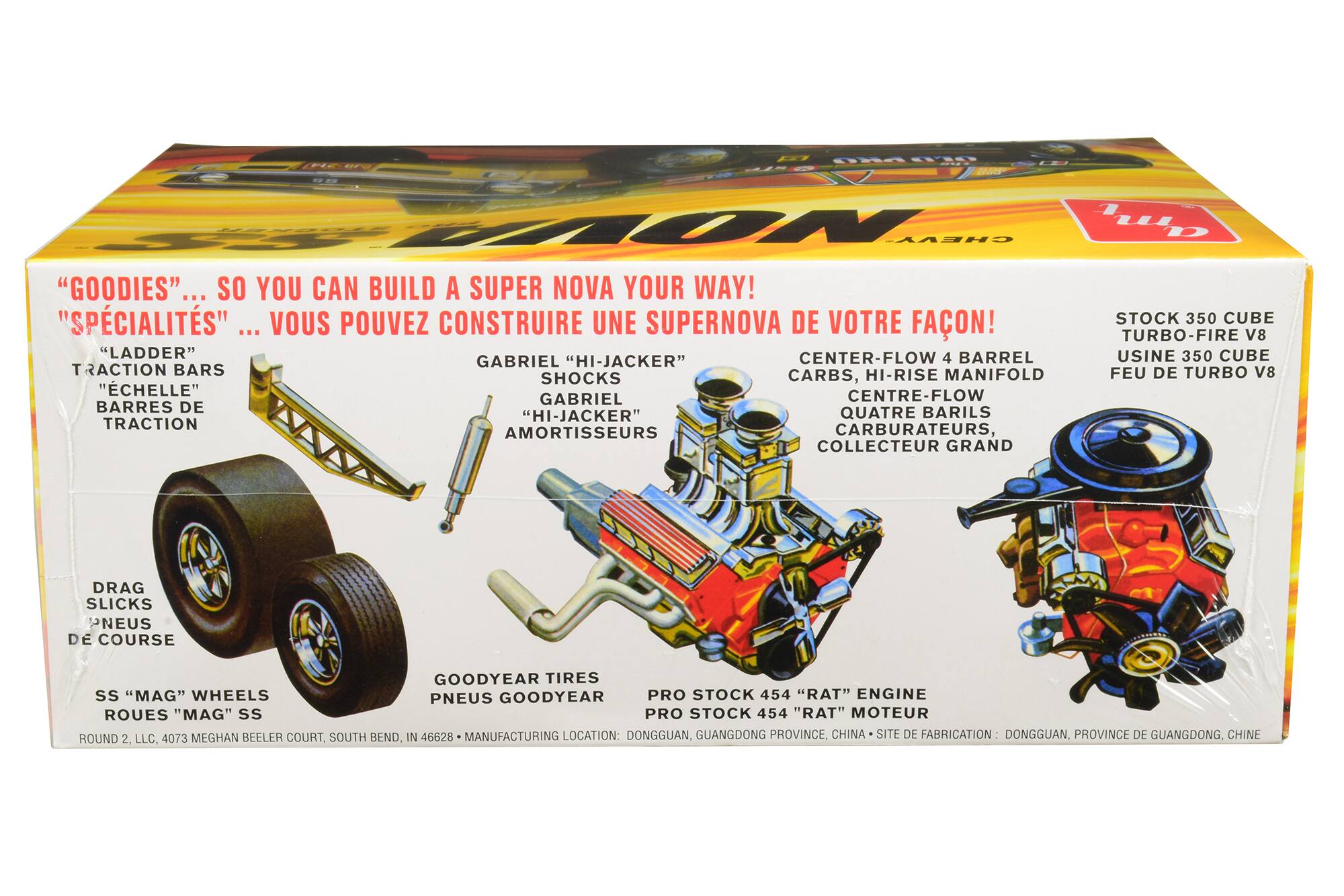 Sure, here is the corrected and grouped text from the image:

---

**"GOODIES"** ... SO YOU CAN BUILD A SUPER NOVA YOUR WAY!  
**"SPÉCIALITÉS"** ... VOUS POUVEZ CONSTRUIRE UNE SUPERNOVA DE VOTRE FAÇON!

- **"LADDER"** TRACTION BARS  
  **"ÉCHELLE"** BARRES DE TRACTION

- **GABRIEL "HI-JACKER"** SHOCKS  
  **GABRIEL "HI-JACKER"** AMORTISSEURS

- **CENTER-FLOW 4 BARREL CARBS, HI-RISE MANIFOLD**  
  **QUATRE BARILS "HI-JACKER" CARBURATEURS, COLLECTEUR GRAND**

- **STOCK 350 CUBE TURBO-FIRE V8**  
  **USINE 350 CUBE FEU DE TURBO V8**

- **DRAG SLICKS**  
  **PNEUS DE COURSE**

- **SS "MAG" WHEELS**  
  **ROUES "MAG"