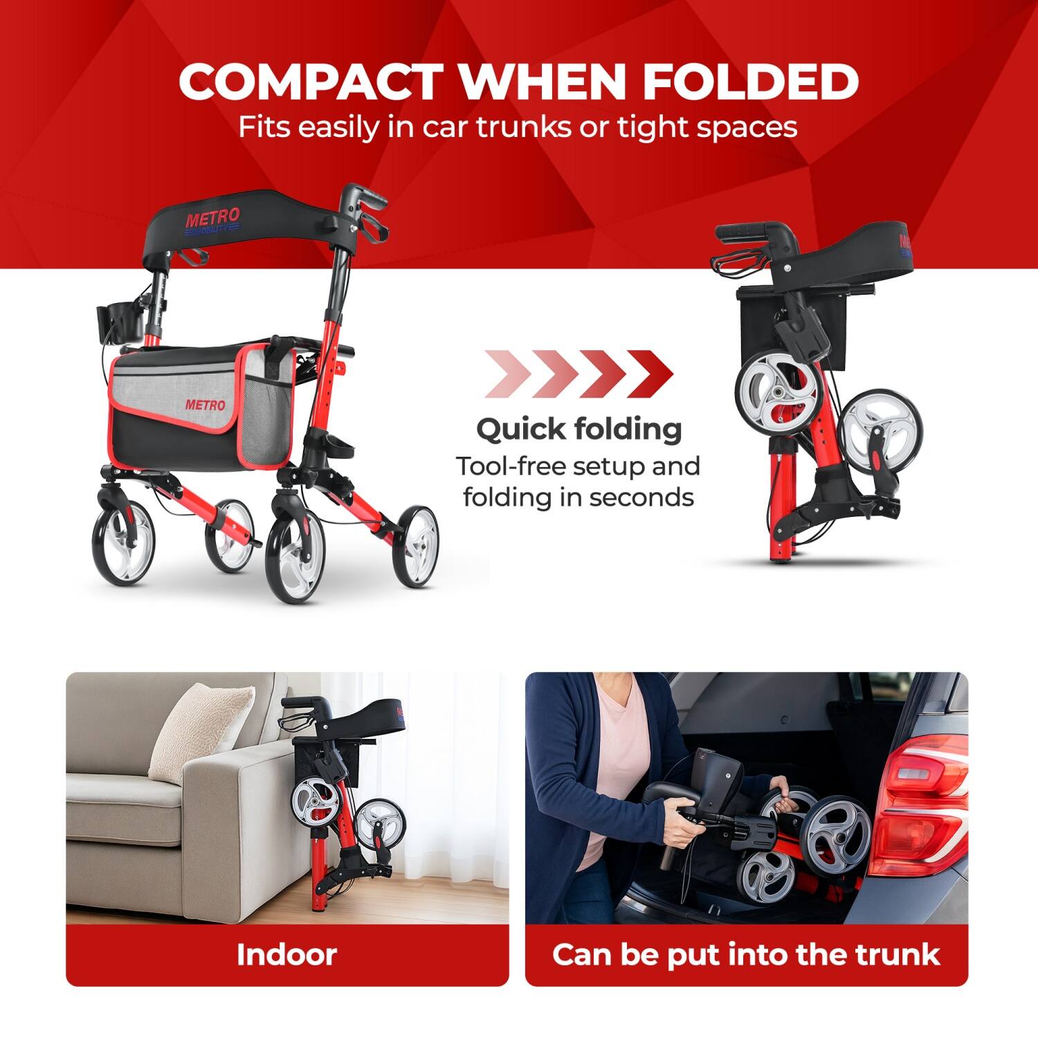 COMPACT WHEN FOLDED  
Fits easily in car trunks or tight spaces  

Quick folding  
Tool-free setup and folding in seconds  

Indoor  

Can be put into the trunk