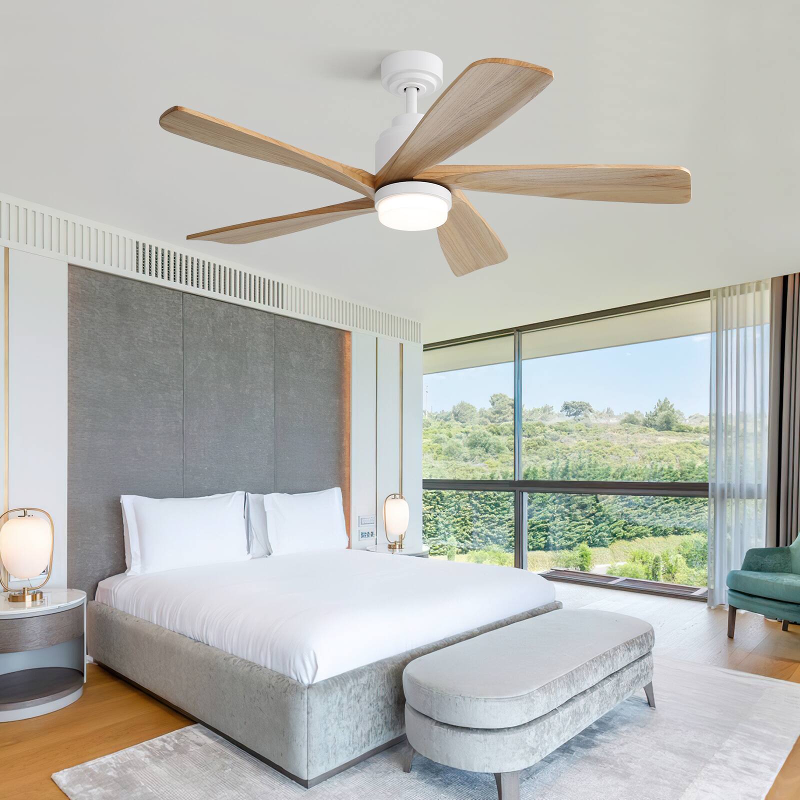 Back. Sofucor - Sofucor 52 inch Smart Ceiling Fan with Light and Remote Modern Ceiling Fan Work with Alexa APP Control Indoor Outdoor - White Wood.