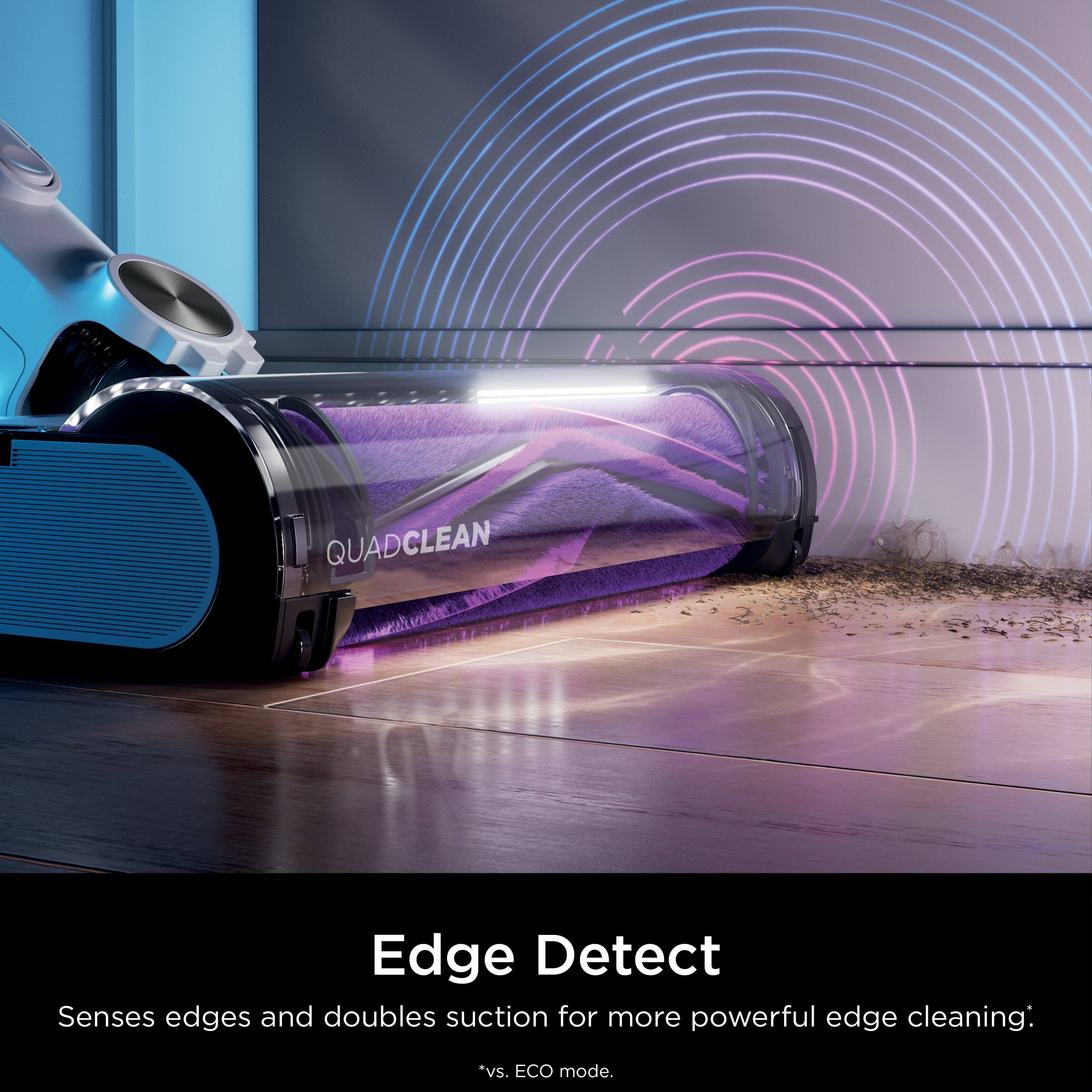 The text on the image reads: "QUADCLEAN Edge Detect Senses edges and doubles suction for more powerful edge cleaning: *vs. ECO mode."