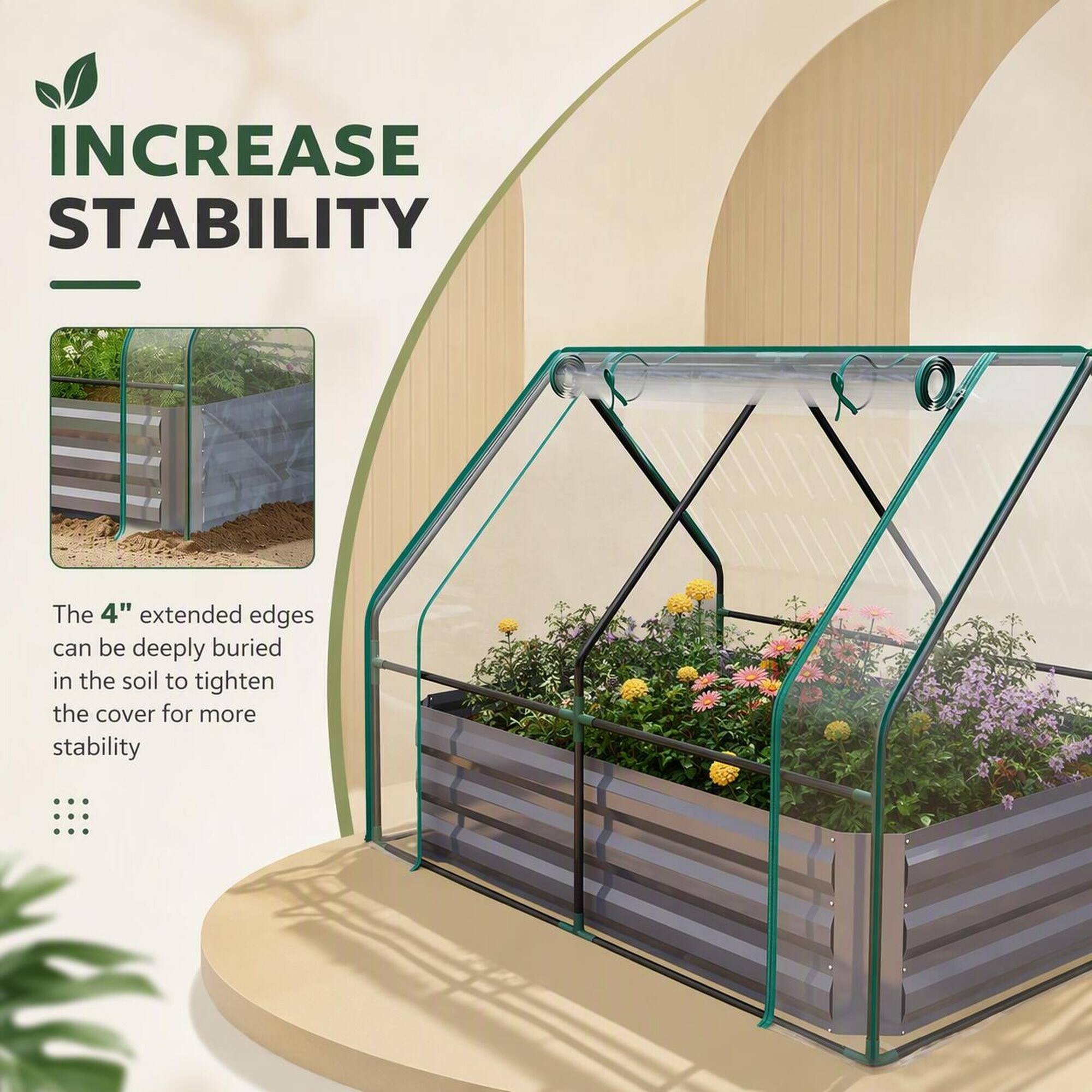 INCREASE STABILITY

The 4" extended edges can be deeply buried in the soil to tighten the cover for more stability