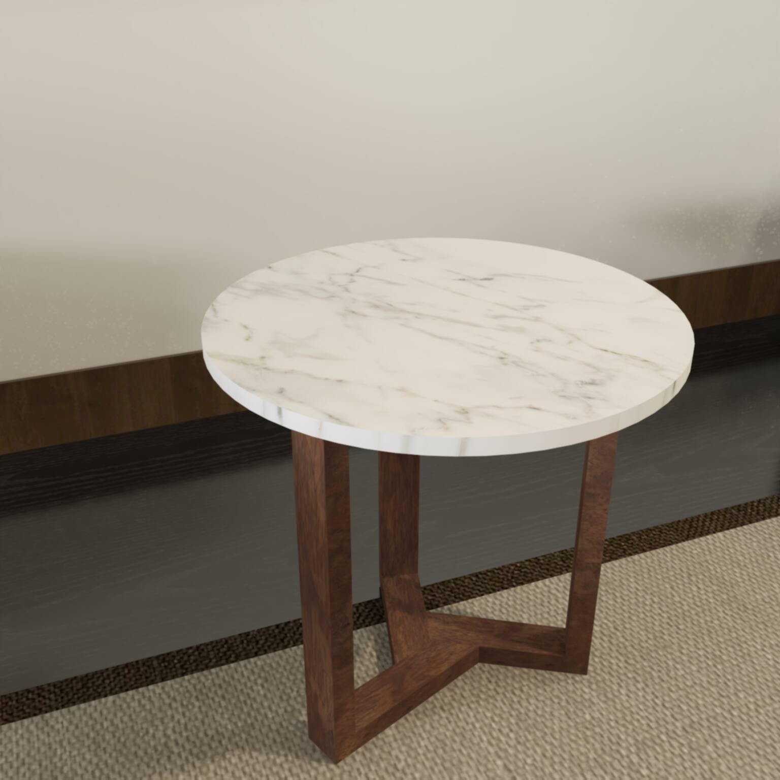 Alt View 8. Manhattan Lane - Fina Side End Table, 20 Inch Round White Genuine Marble Top, Natural Brown Mango Wood 3 Leg Sled Base - White, Natural Brown.