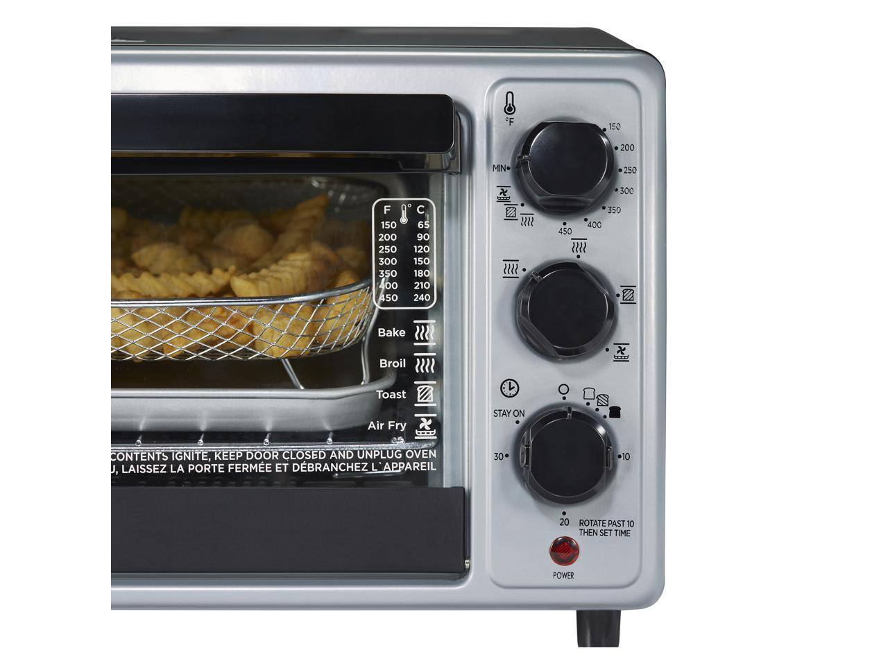 150  
200  
250  
300  
350  
400  
450  

F 150 200 250 300 350 400 450  
C 65 90 120 150 180 210 240  

Bake  
Broil  
Toast  
Air Fry  

CONTENTS IGNITE, KEEP DOOR CLOSED AND UNPLUG OVEN  
LAISSEZ LA PORTE FERMÉE ET DÉBRANCHEZ L'APPAREIL  

ROTATE PAST 10 THEN SET TIME  
POWER