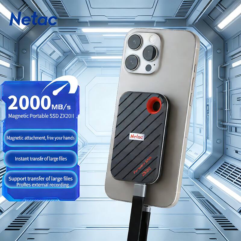 Netac 2000 MB/s Magnetic Portable SSD ZX2011  
Magnetic attachment, free your hands  
Netac Instant transfer of large files  
Support transfer of large files  
ProRes external recording  
San Partabte Per EXDI