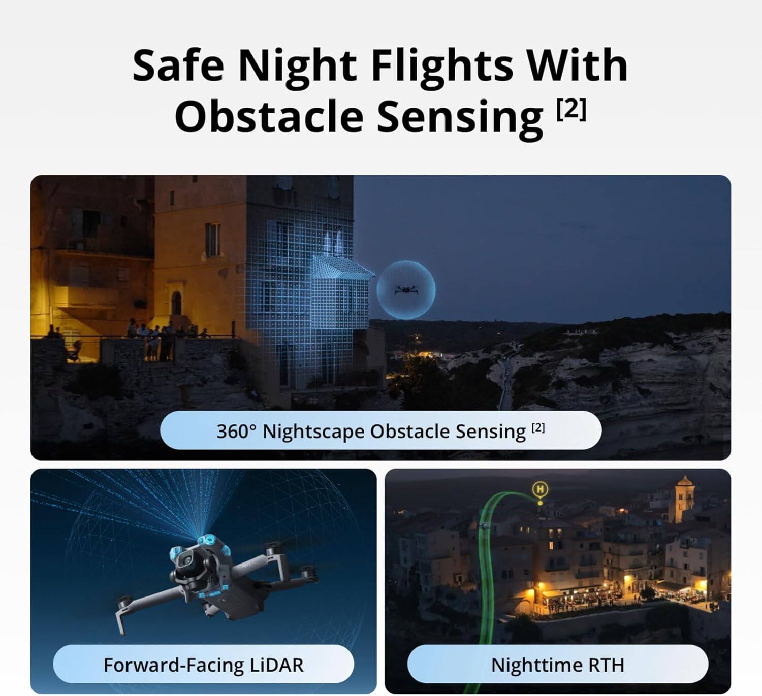 Safe Night Flights With Obstacle Sensing [2]  
360° Nightscape Obstacle Sensing [2]  
Forward-Facing LiDAR  
Nighttime RTH