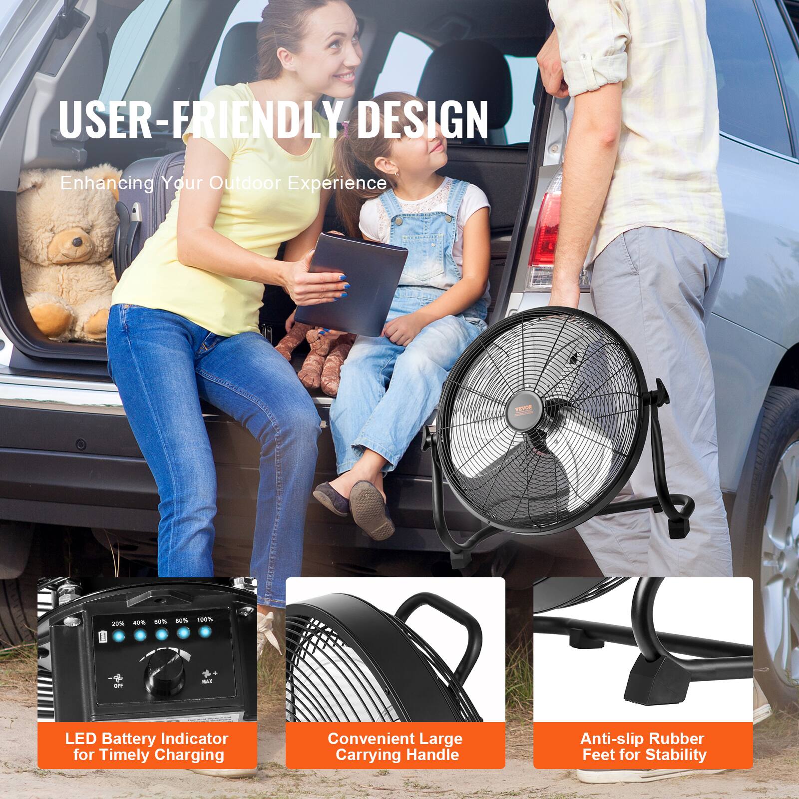 USER-FRIENDLY DESIGN  
Enhancing Your Outdoor Experience  

- LED Battery Indicator for Timely Charging  
- Convenient Large Carrying Handle  
- Anti-slip Rubber Feet for Stability