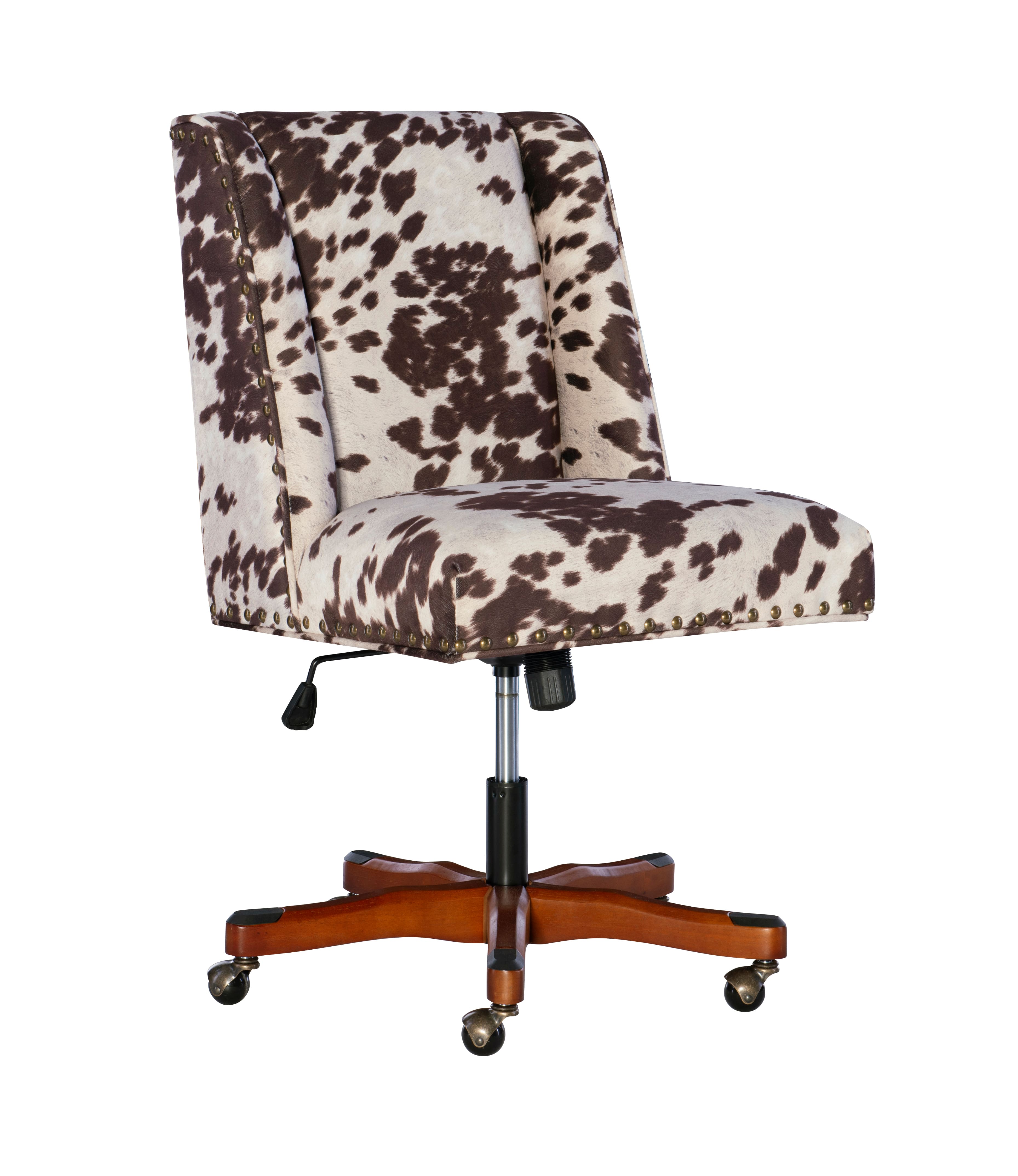 Linon Home Décor – Donora Cow Print Microfiber Fabric Adjustable Office Chair With Wood Base – Brown and White simolary.com 12 Linon Home Décor - Donora Cow Print Microfiber Fabric Adjustable Office Chair With Wood Base - Brown and White