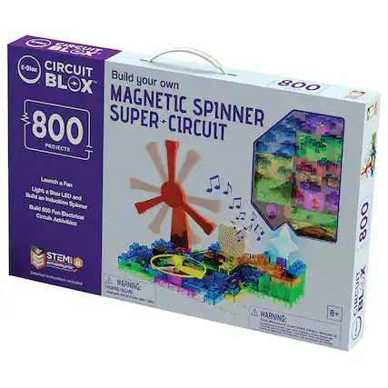 Circuit Blox Magnetic Spinner Super Circuit Kit: Build your own 800 Magnetic Spinner with 800 Super Circuit Projects. Launch a Fan, Light a Star, Build an LED and Induction Spinner, and more. Includes detailed instructions and 800 Fun Electrical Circuit Activities. STEM Authenticated. Choking Warning: Small parts. Not for children under 3 years. Warning: 8+. This product contains small magnets.