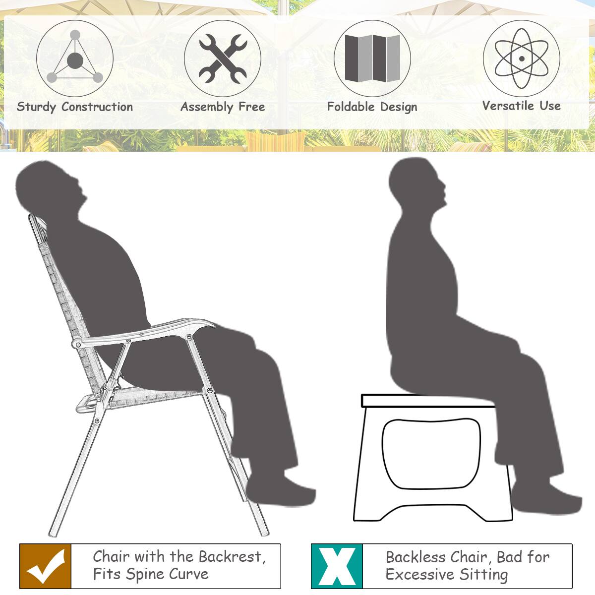 - Sturdy Construction
- Assembly Free
- Foldable Design
- Versatile Use

- Chair with the Backrest, Fits Spine Curve
- Backless Chair, Bad for Excessive Sitting