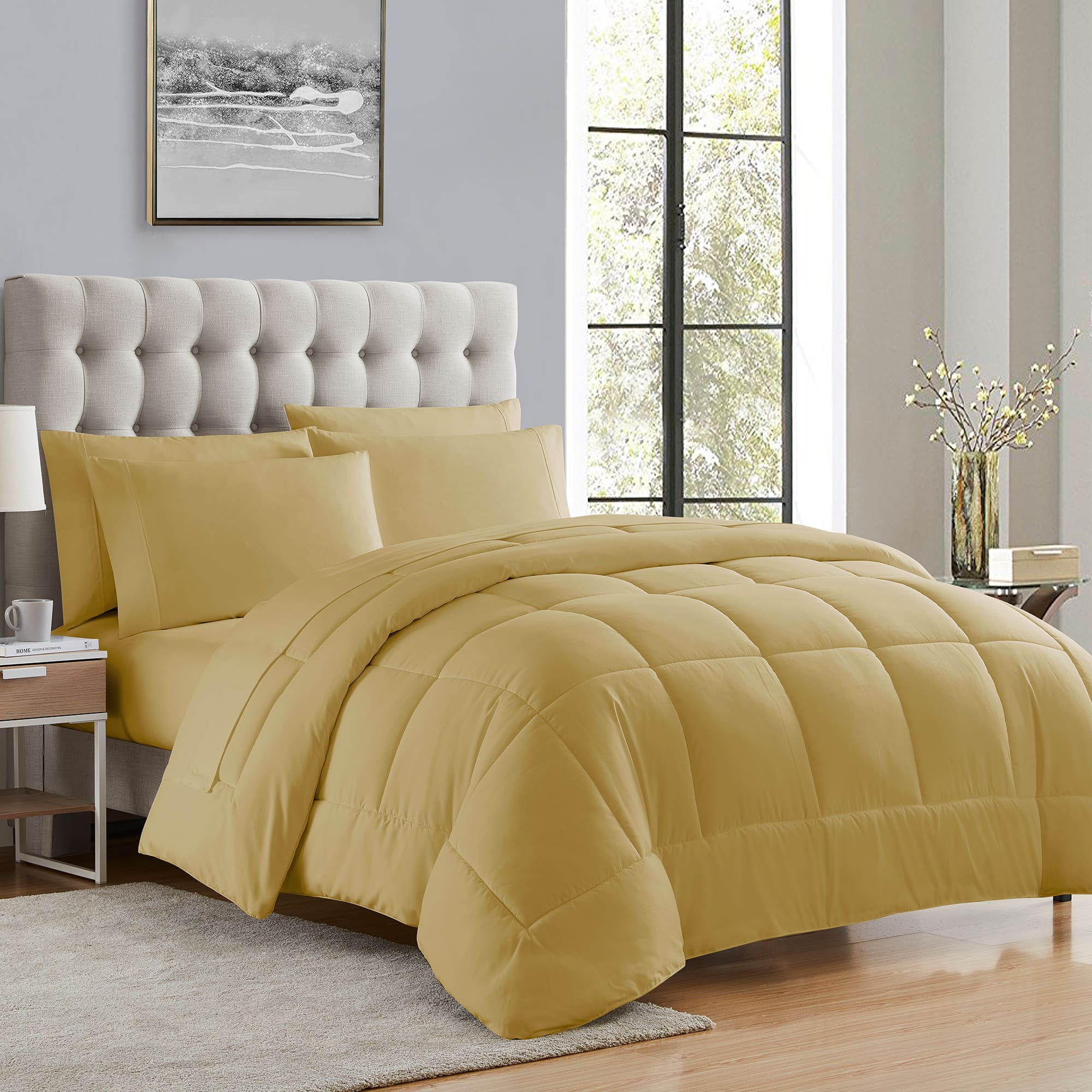 Front. Sweet Home Collection - All Season Reversible Bed-in-A-Bag Solid Color Comforter & Sheet Set, Twin - Camel.
