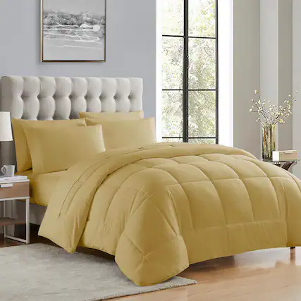 Front. Sweet Home Collection - All Season Reversible Bed-in-A-Bag Solid Color Comforter & Sheet Set, Twin - Camel.