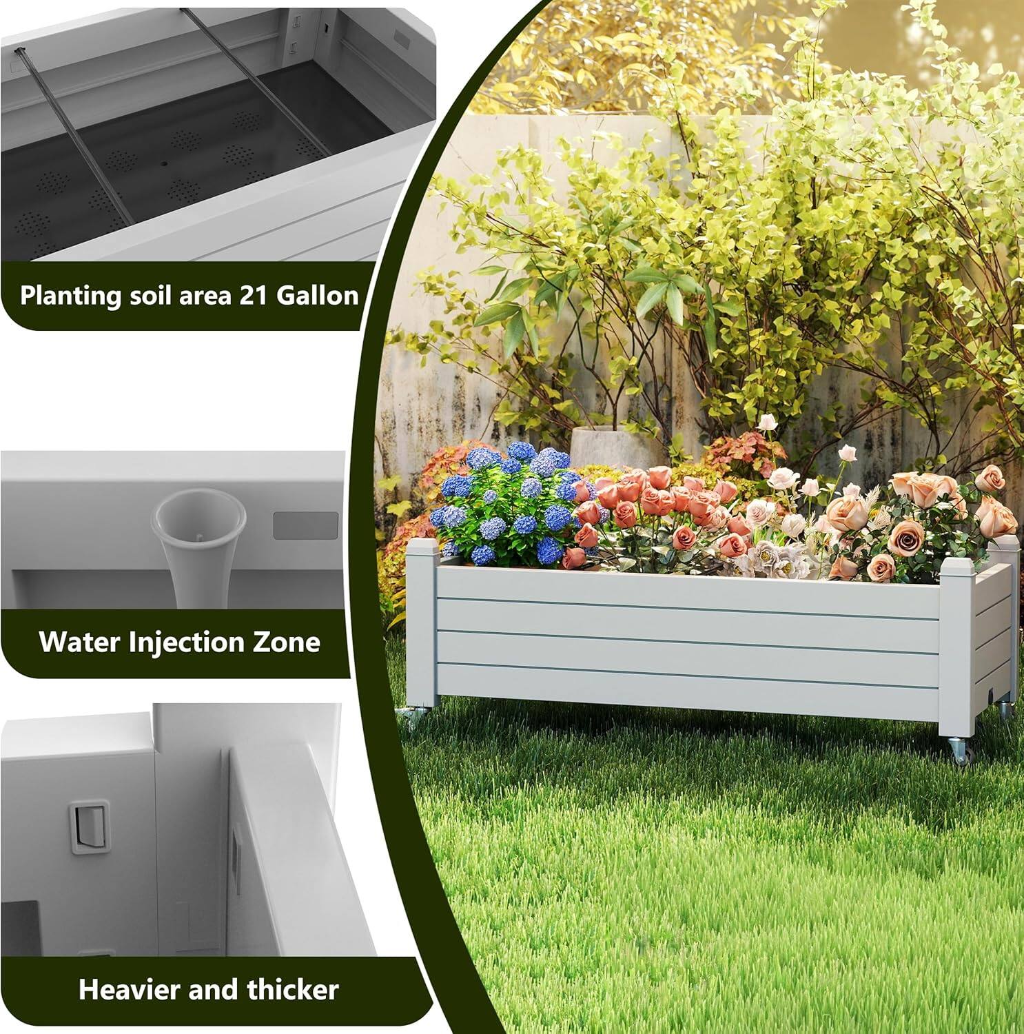 Planting soil area 21 Gallon  
Water Injection Zone  
Heavier and thicker