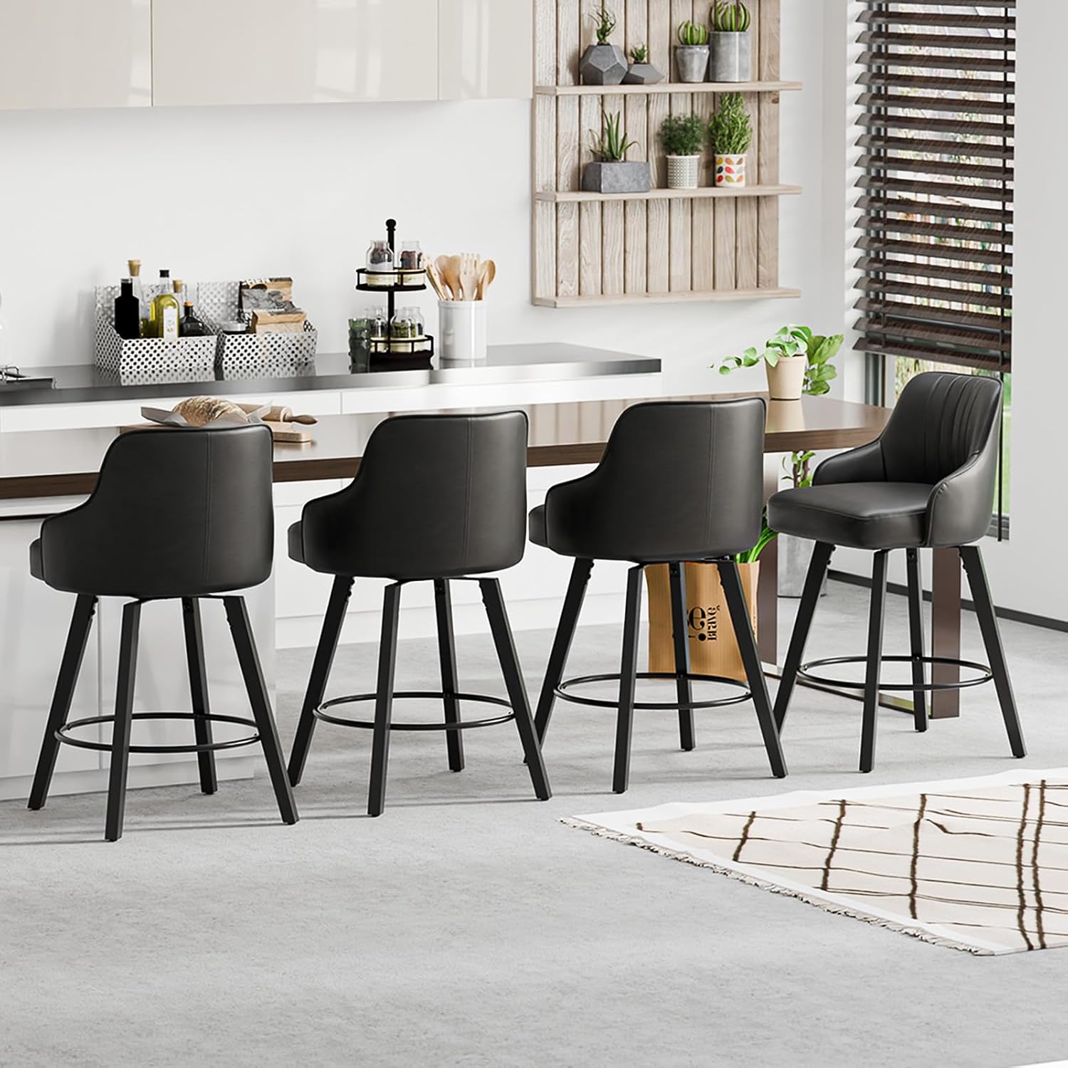 Alt View 6. Winado - 26" H Swivel Barstools Counter Height Bar Stool Modern Counter Stool with Back Kitchen High Chairs Solid Wood Legs - Black Pu-Set of 1.