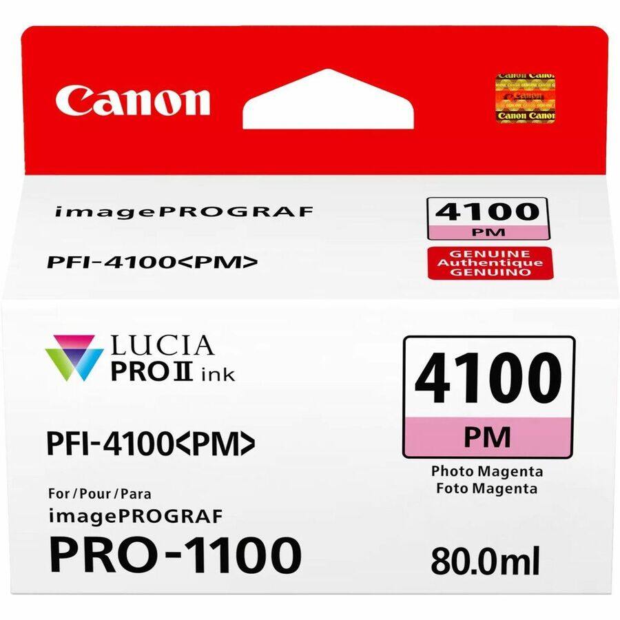Canon  
imagePROGRAF  
PFI-4100<PM>  

LUCIA PRO II ink  
PFI-4100<PM>  

For/Pour/Para  
imagePROGRAF  
PRO-1100  

4100 PM  
GENUINE Authentique GENUINO  

4100 PM  
Photo Magenta Foto Magenta  

80.0ml