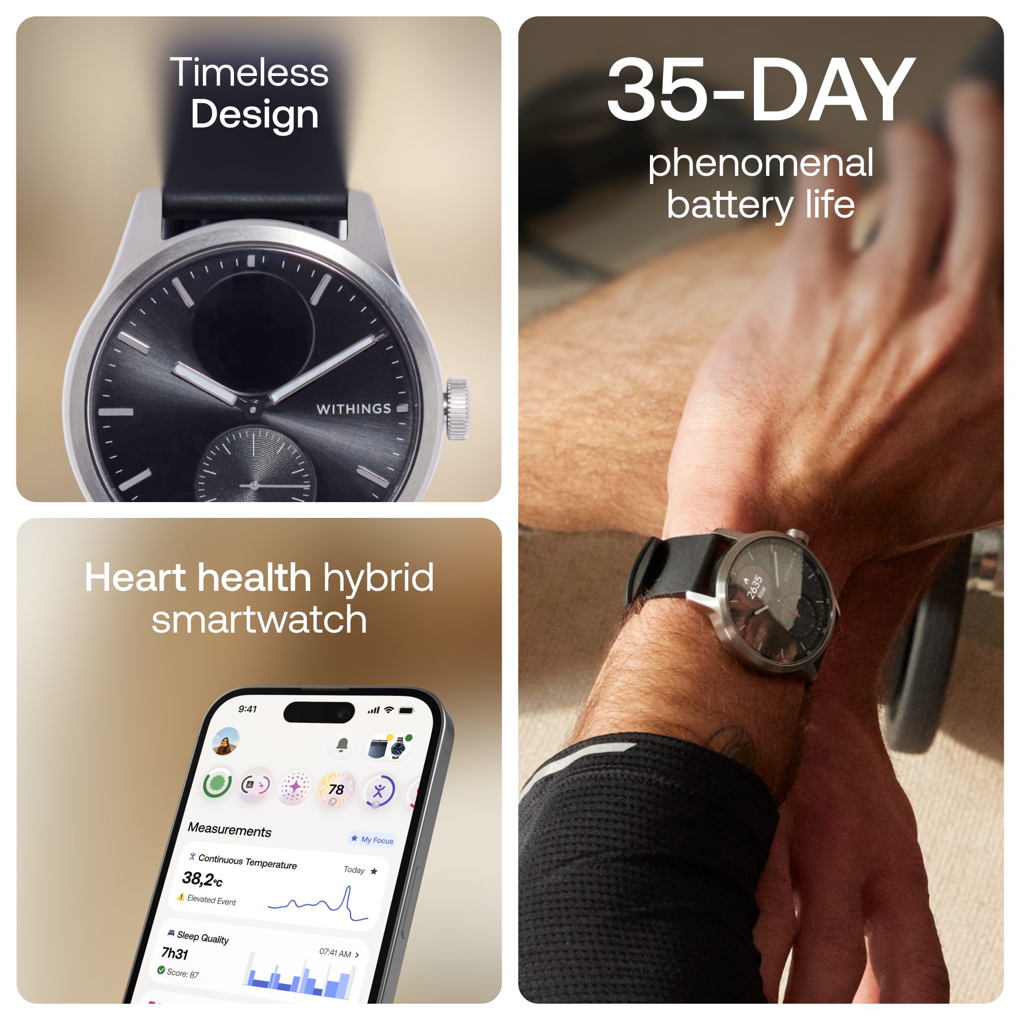 Timeless Design

35-DAY phenomenal battery life

Heart health hybrid smartwatch

Measurements
- Continuous Temperature
  38.2°C
  Elevated Event
- Sleep Quality
  7h31
  Score: 87

78 x

My Focus

Today