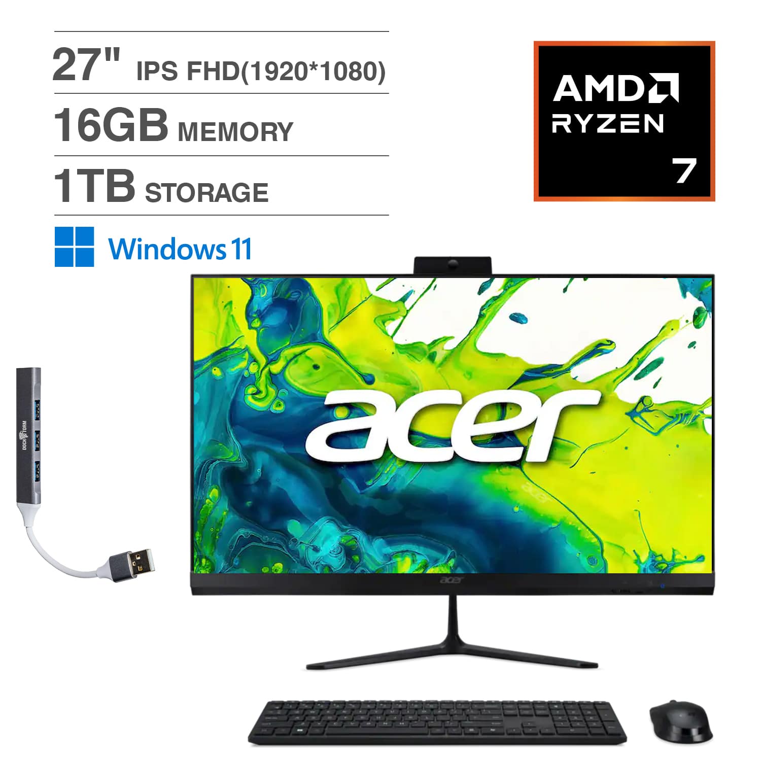 Acer - Aspire C27 All-in-One 27 FHD Display (Ryzen 7 5825U, 16GB, 1TB SSD, AMD Radeon, WiFi 6E, Win 11 Pro) w/USB Hub