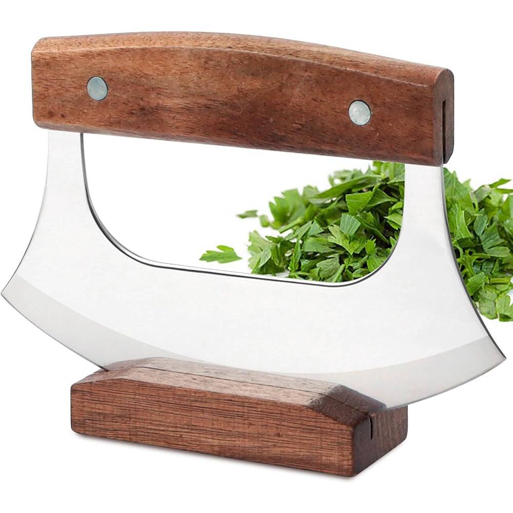 PARKER SLATER - Ulu Mezzaluna Knife with Wooden Stand, Sharp Rocker for Pizza, Vegetables, Salad, and Chopping - Silver