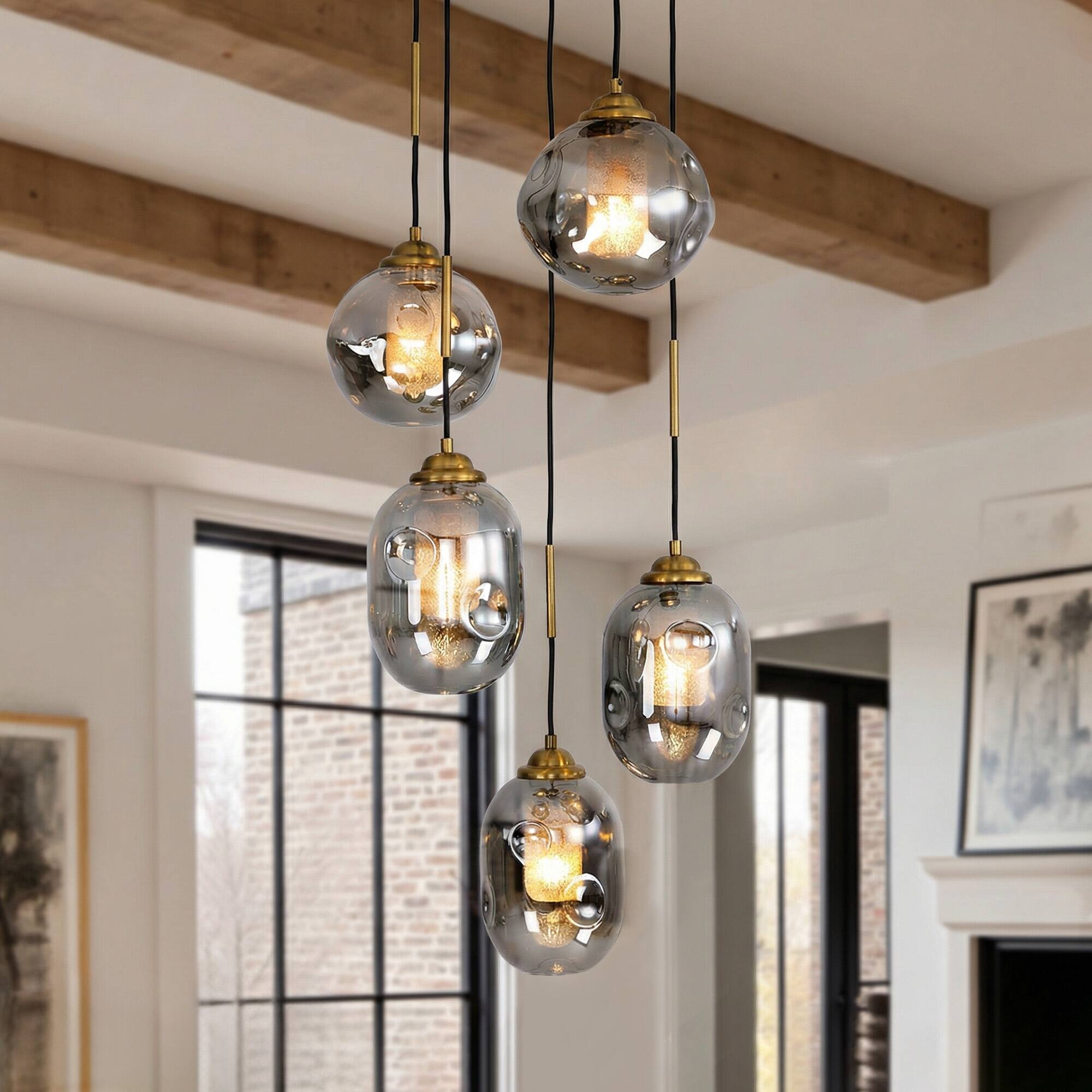 Left. Siljoy - 5 Light Staircase Pendant Light Sand Black Antique Brass Smoked Gray Glass Shades Adjustable Height for Entryway Foyer - Black.