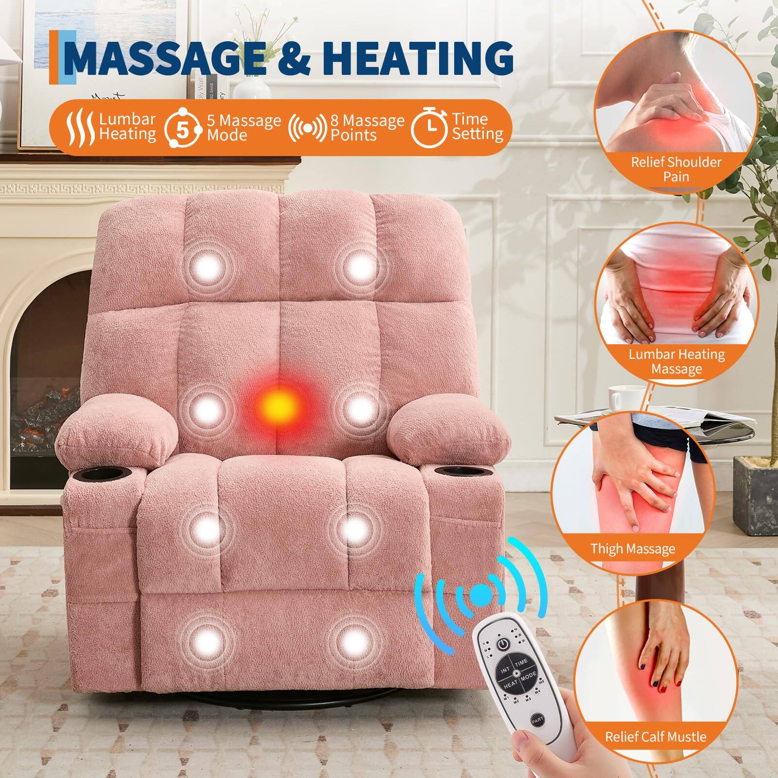 MASSAGE & HEATING

- Lumbar Heating
- 5 Massage Mode
- 8 Massage Points
- Time Setting

Relief Shoulder Pain
Lumbar Heating Massage
Thigh Massage
Relief Calf Muscle