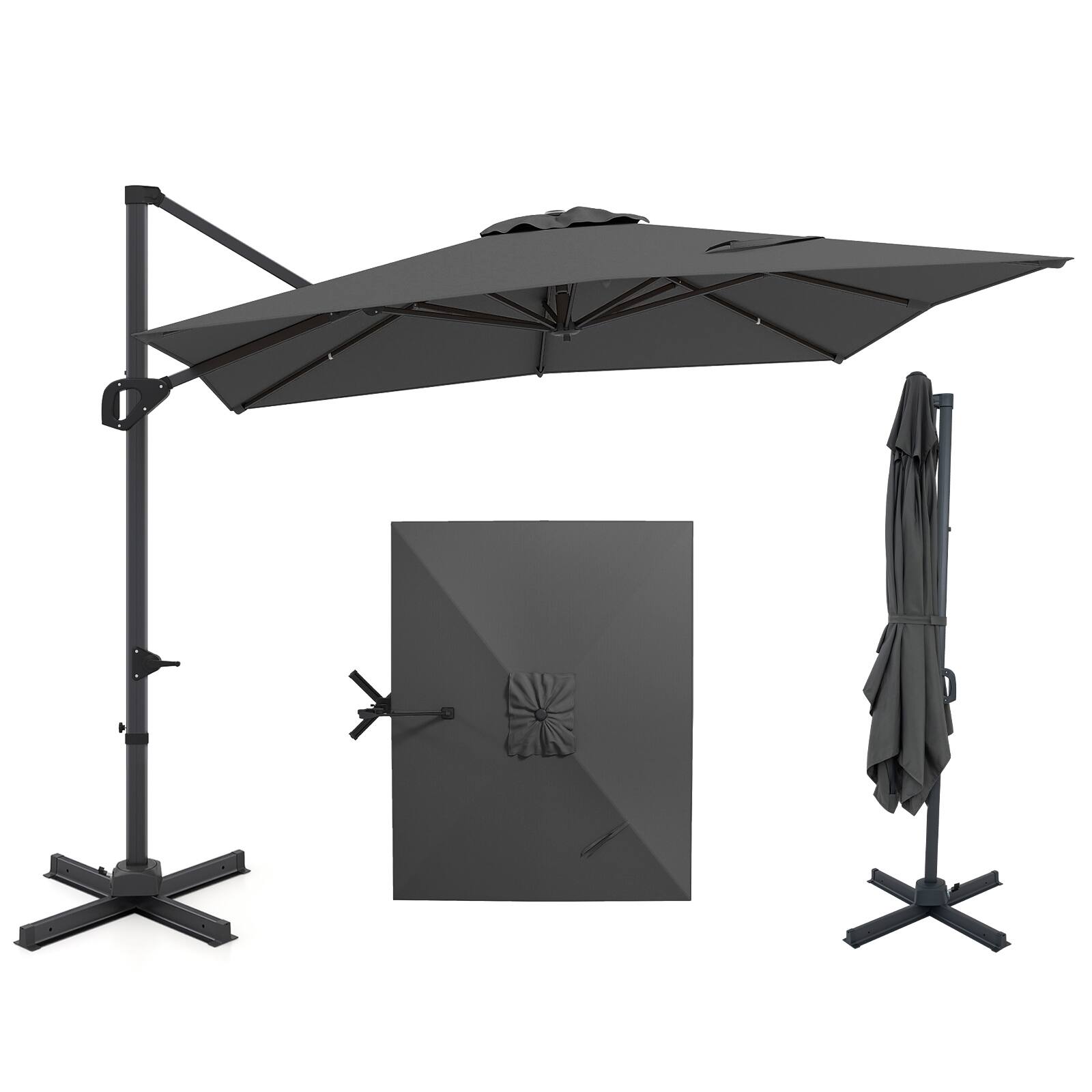 Costway - 11 x 9 FT Cantilever Patio Umbrella with 360° Rotation Easy Tilt Adjustment 8 Ribs - Gray