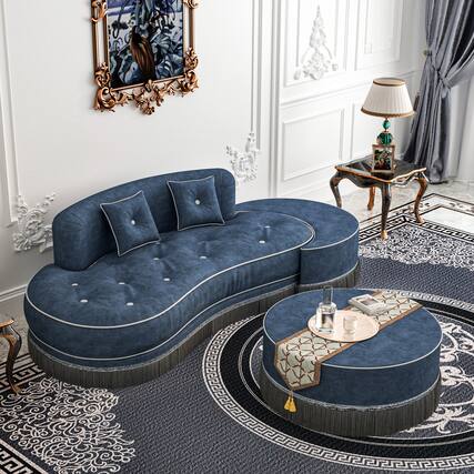 Front. wowmax - 76'' Velvet Modular Sectional Sofa - Blue Curved Couch with High-Density Foam & PP Support for Living Room/Office - Blue.