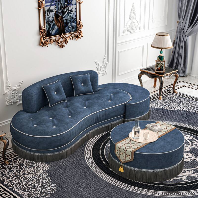 Front. wowmax - 76'' Velvet Modular Sectional Sofa - Blue Curved Couch with High-Density Foam & PP Support for Living Room/Office - Blue.