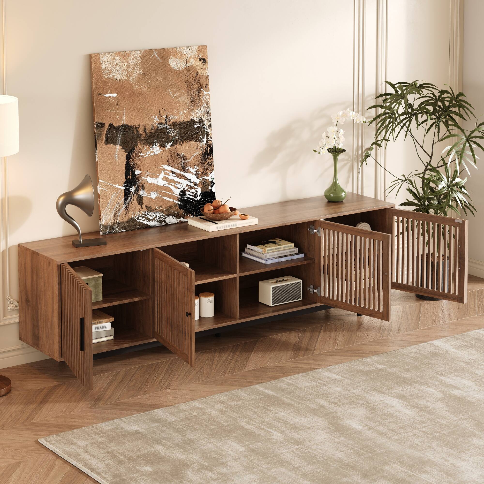 Left. MERAVOM - Modern TV Stand for up to 85" TVs, Entertainment Center with 4 Slatted Doors, Media Console with Storage Cabinets - Walnut.