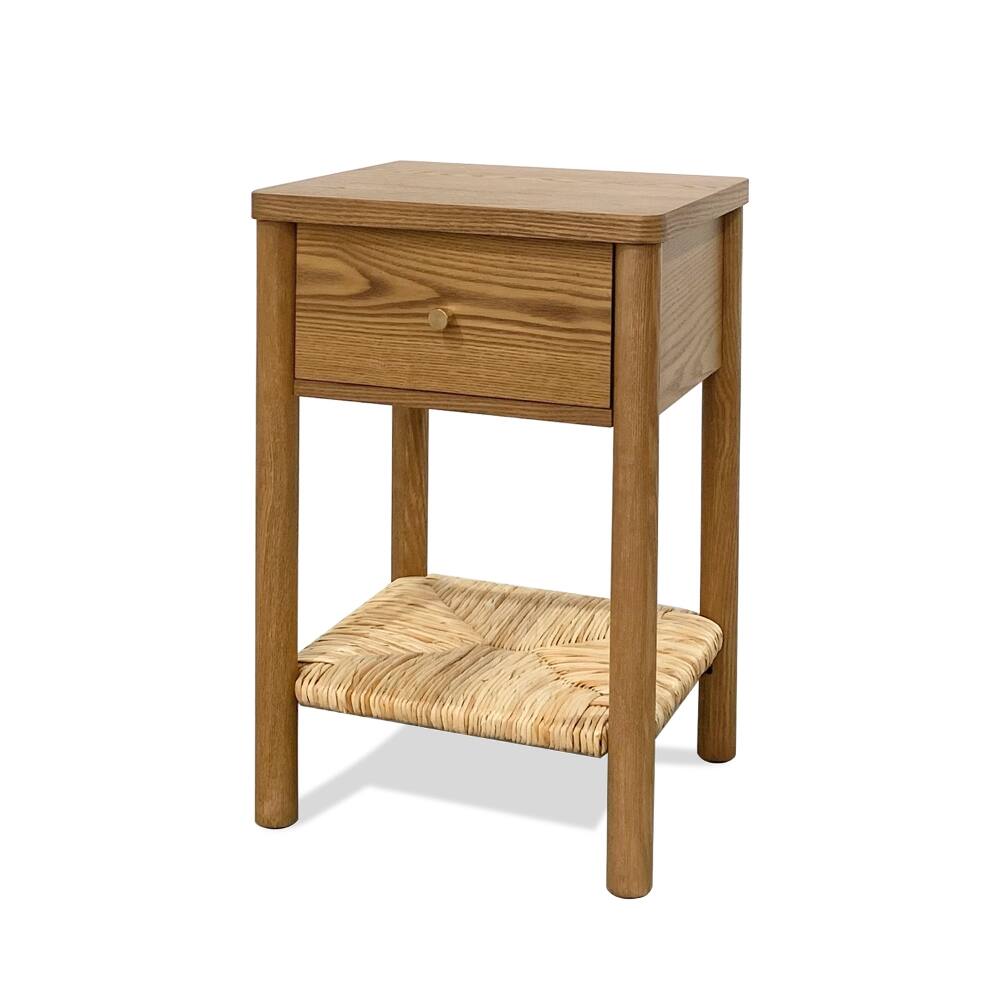 Alt View 2. Loheer - Loheer Walnut Nightstand Solid Wood End Table with Drawer Jute Shelf Rounded Edge Bedside Table for Bedroom Living Room - Walnut.