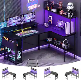 Aheaplus - 49'' Reversible L-Shaped Computer Gaming Desk with LED Lights, Power Outlets, and Hutch Storage - Black