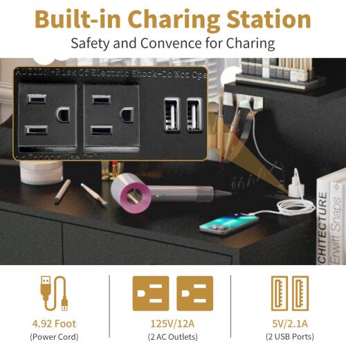 Built-in Charging Station  
Safety and Convenience for Charging  

**CAUTION: Risk of Electric Shock - Do Not Open**

**CHITECTURE Snaps**  
4.92 Foot (Power Cord)  
125V/12A (2 AC Outlets)  
5V/2.1A (2 USB Ports)