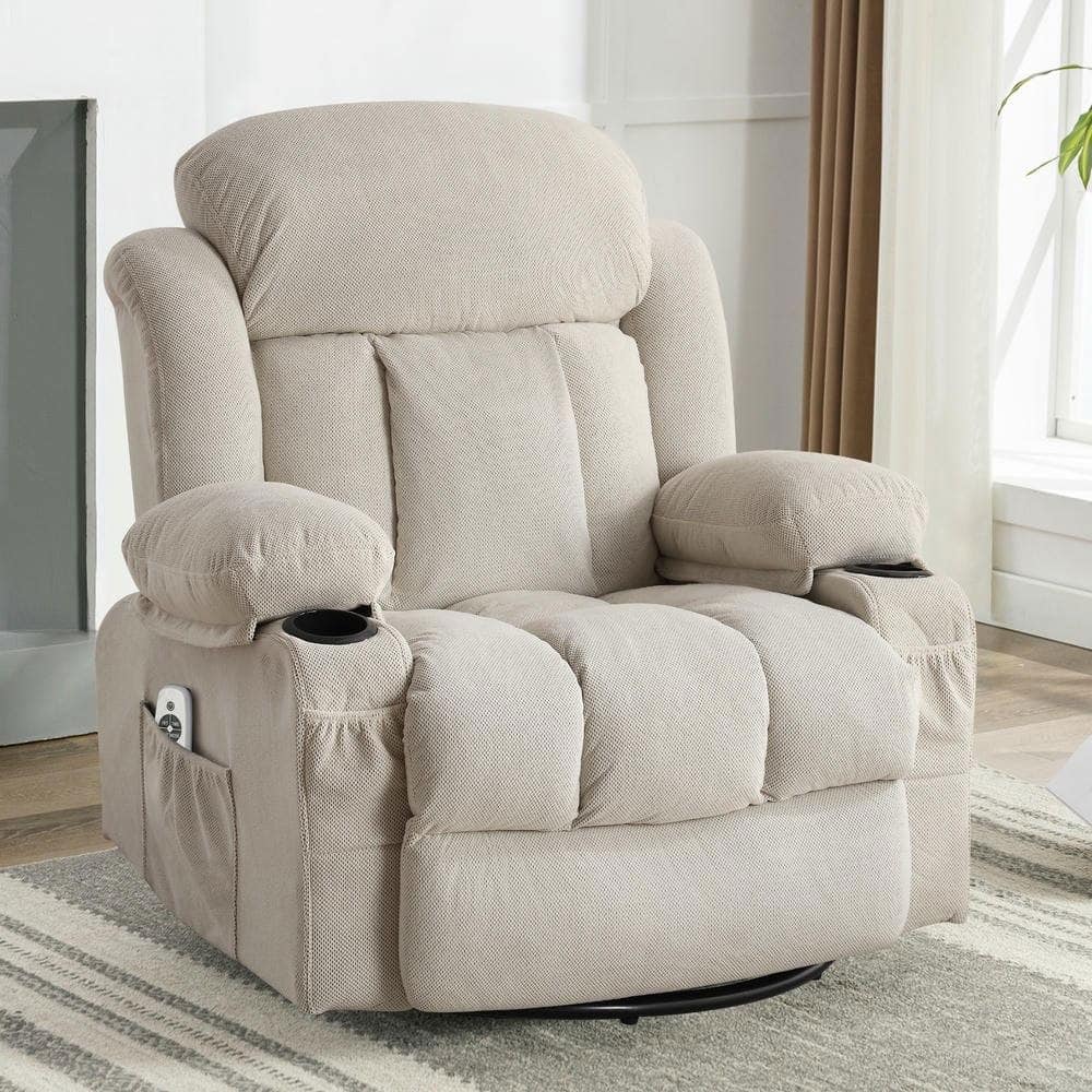 Kadyn - Swivel Massage Recliner Chair, 8-Point Vibration & Heat, 360° Rotation, USB Port, Cup Holders - Beige