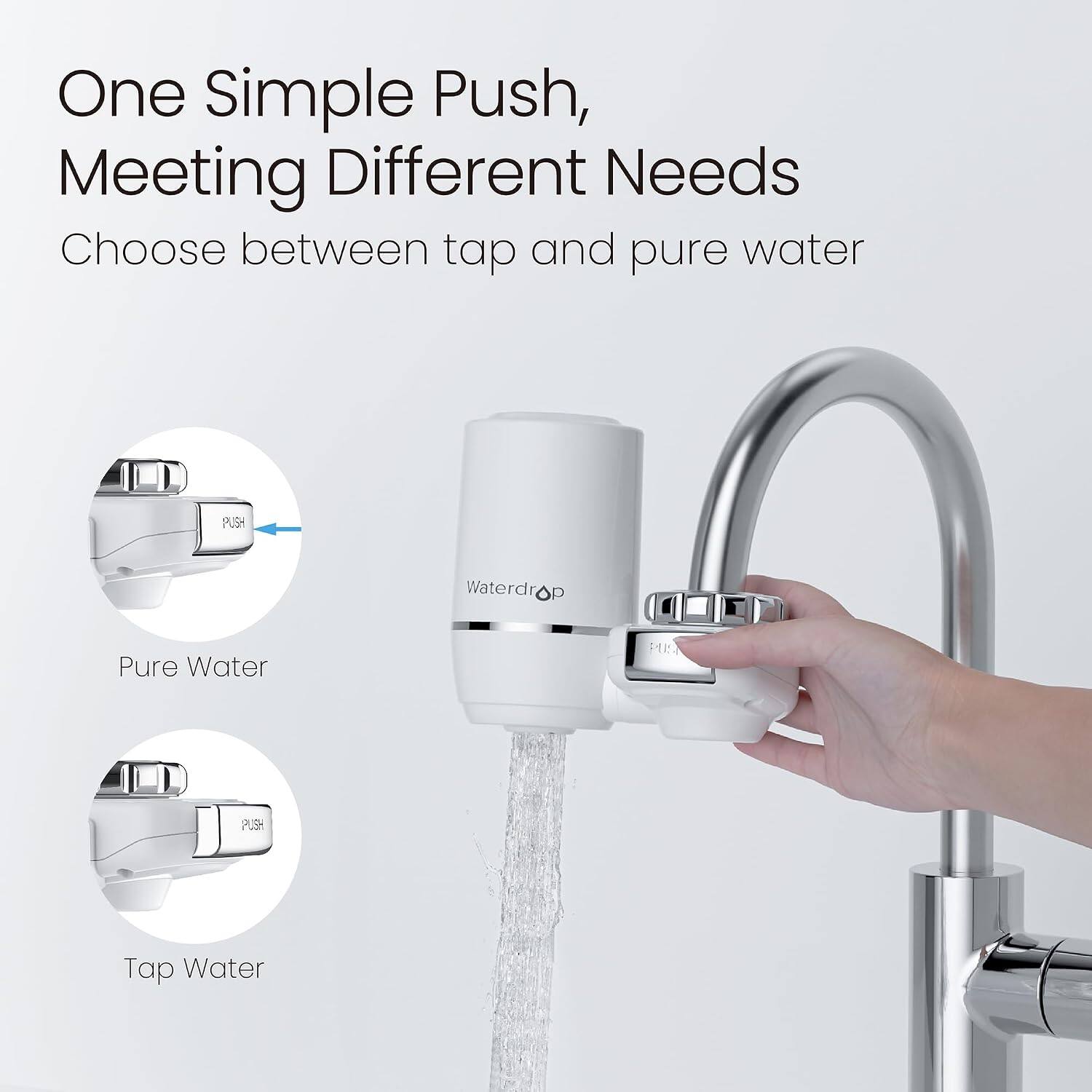 One Simple Push, Meeting Different Needs  
Choose between tap and pure water

PUSH  
Waterdrop  
Pure Water

PUSH  
Tap Water