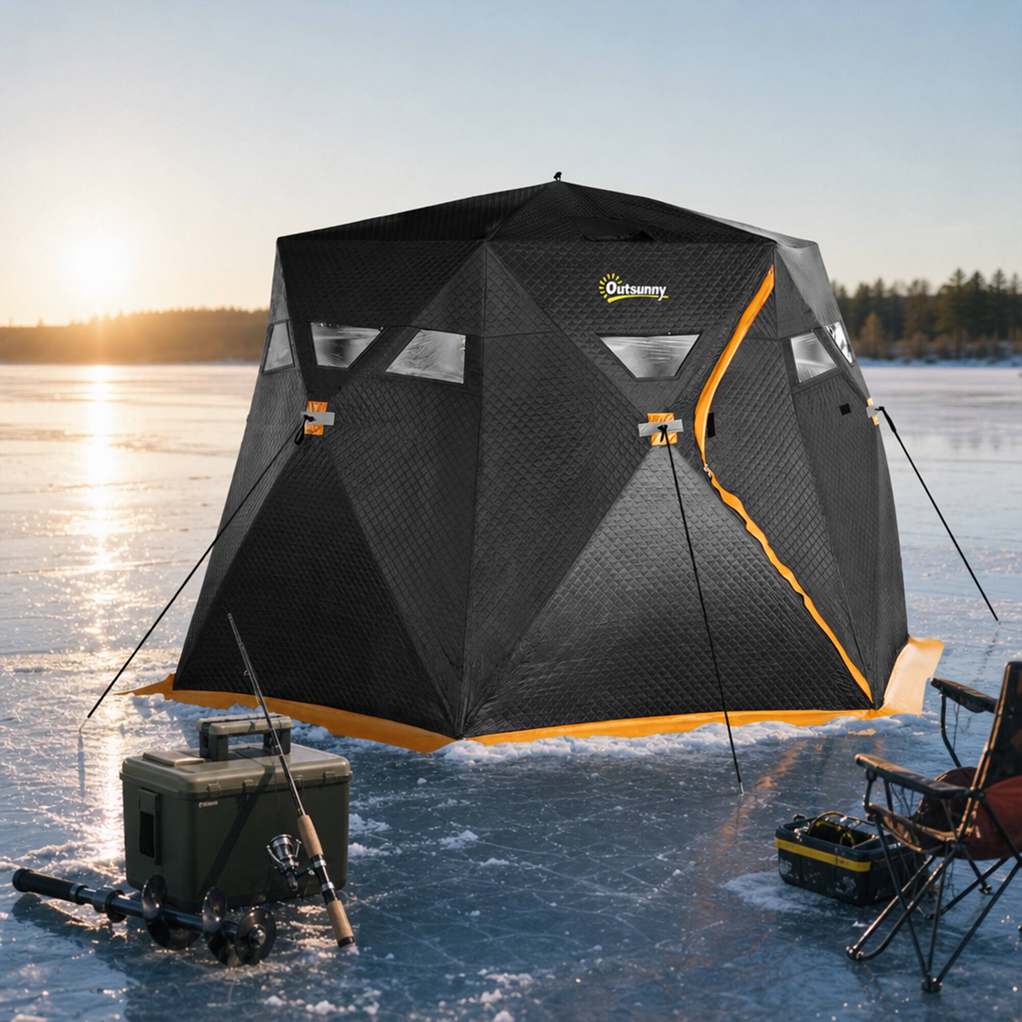 Alt View 8. Outsunny - Ice Fishing Shelter, Pop-Up Portable Ice Fishing Tent with 360-Degree View, Two Doors, Carry Bag - Black and Orange.