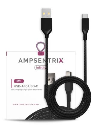 X AMPSENTRIX infinity 3 ft USB-A to USB-C Fast charging / high-speed data transfer www.ampsentrix.com