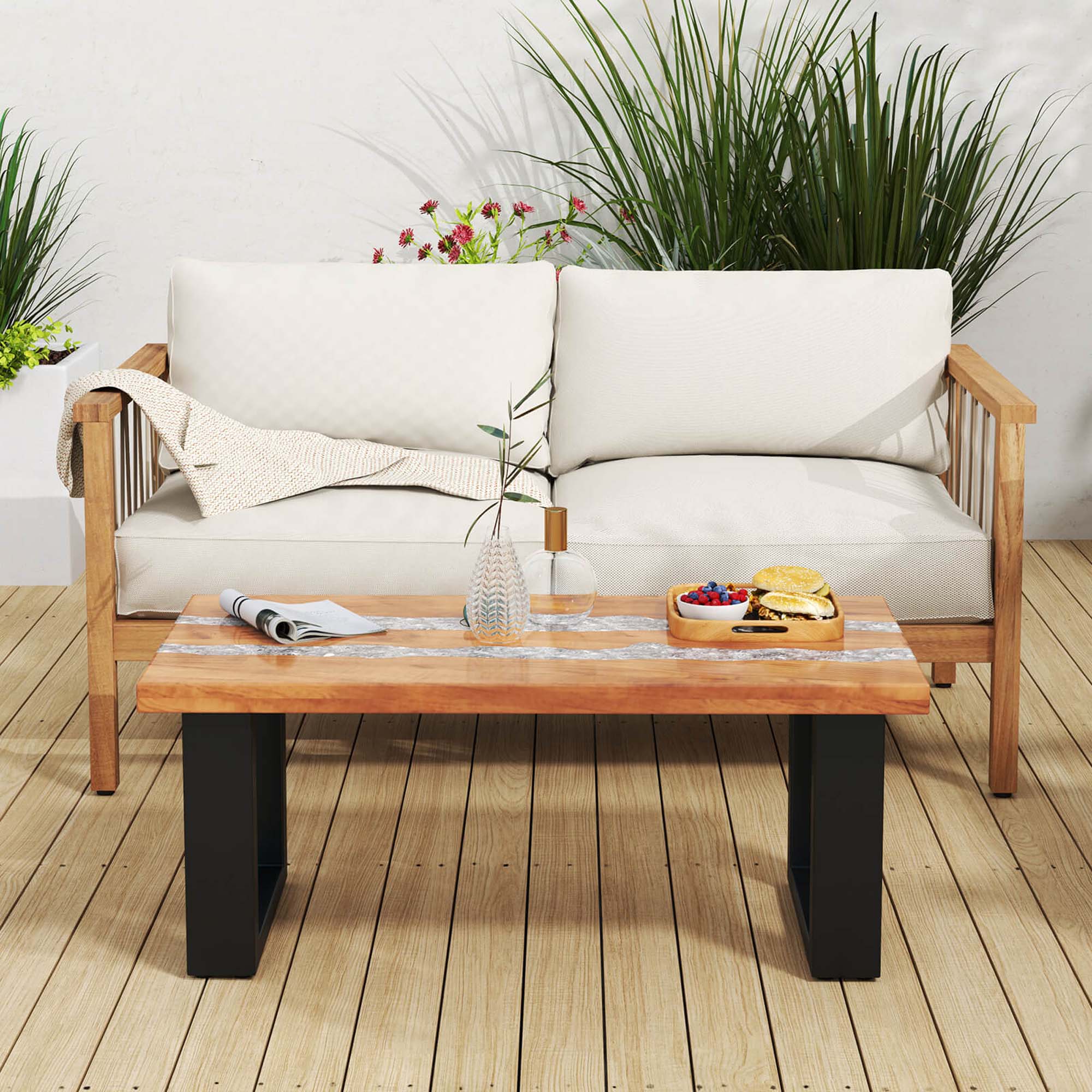 Alt View 12. Costway - Teak Wood Patio Table with  River Feel Epoxy Tabletop Indoor Outdoor Side Table - Natural.