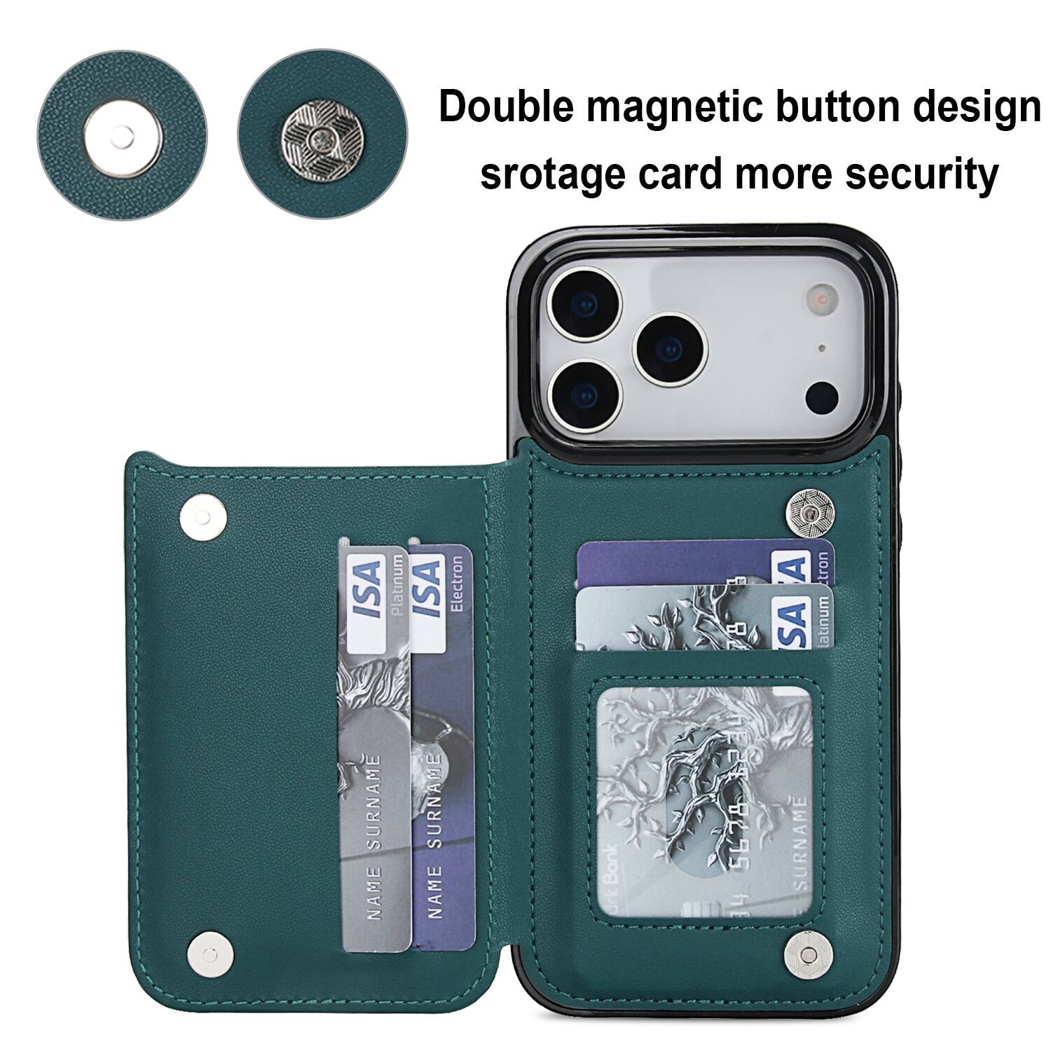 Double magnetic button design storage card more security

ISA SURNAME NAME
Platinum

ISA SURNAME NAME
Electron

Bank
5678

A SA SURNAME
tron latinum