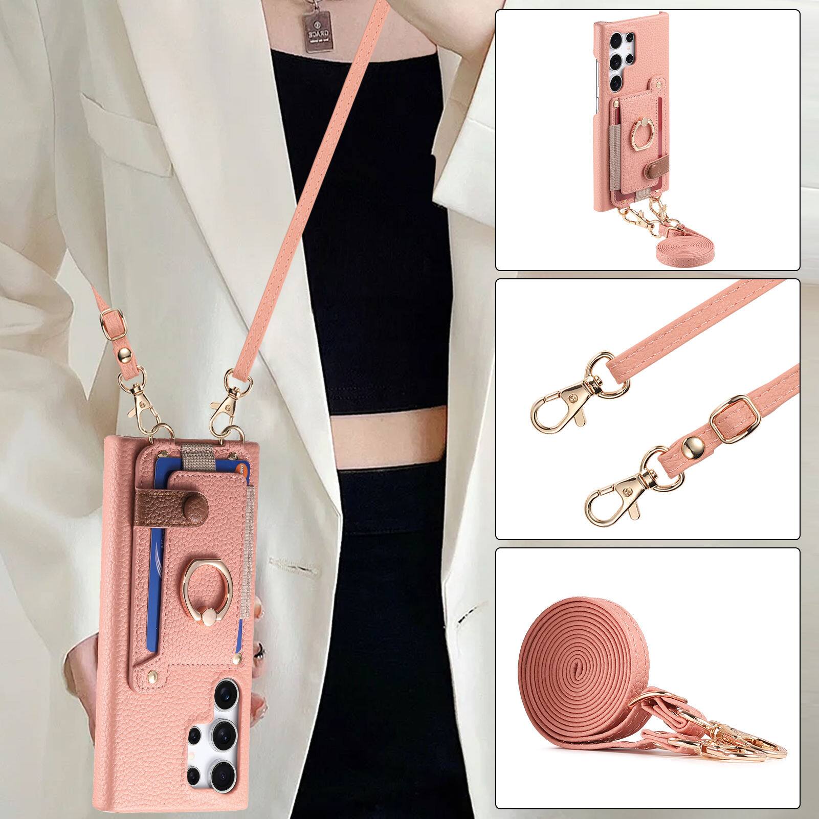 Alt View 2. Dteck - Lychee Texture Wallet Case for Samsung Galaxy S25 Ultra with Ring Stand,Crossbody Faux Leather Cover with Card Holder - Pink.