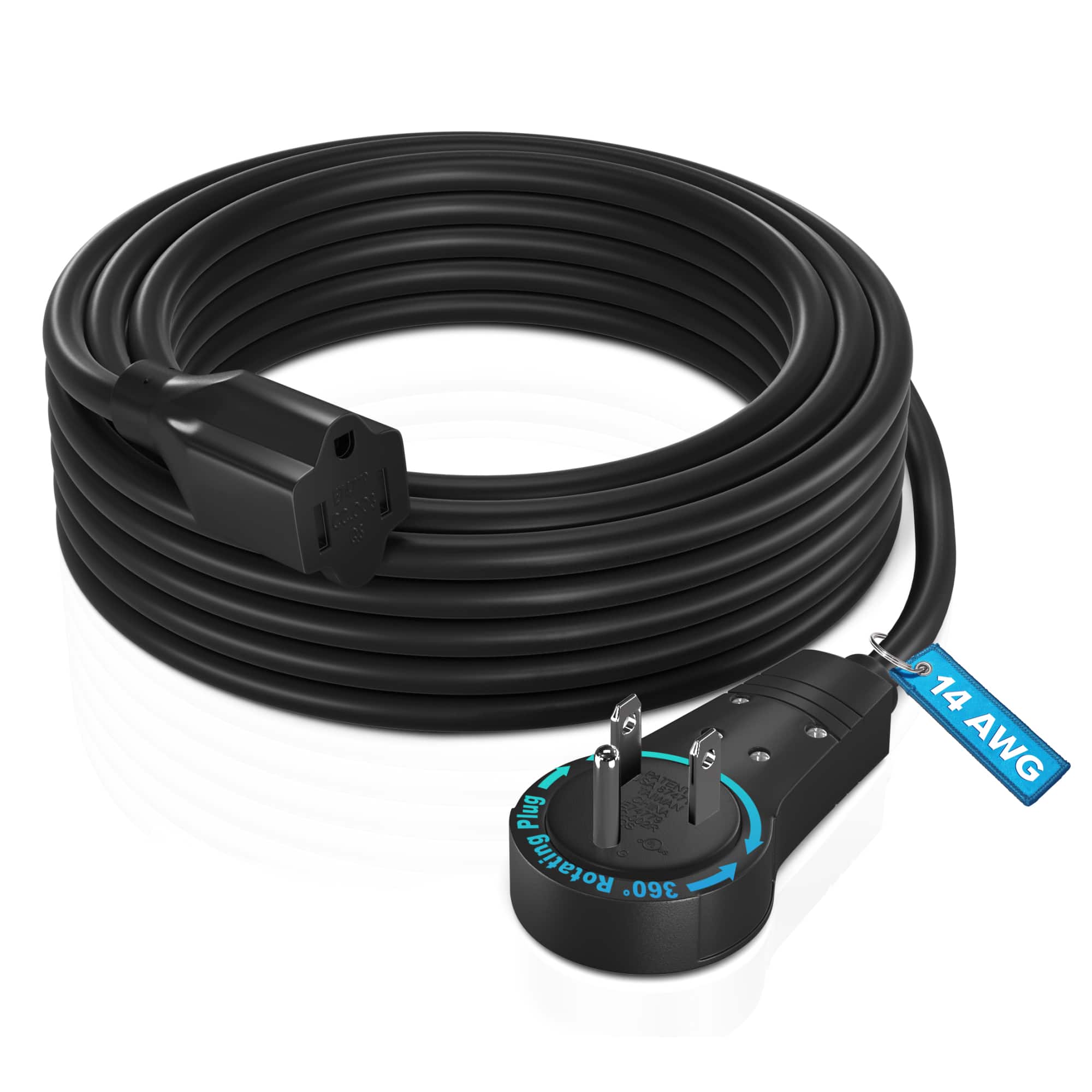 Maximm - 15 Feet 14Awg 360° Rotating Flat Plug Extension Cord / Wire, 3 Prong Grounded Wire, Heavy Duty - UL Certified - Black