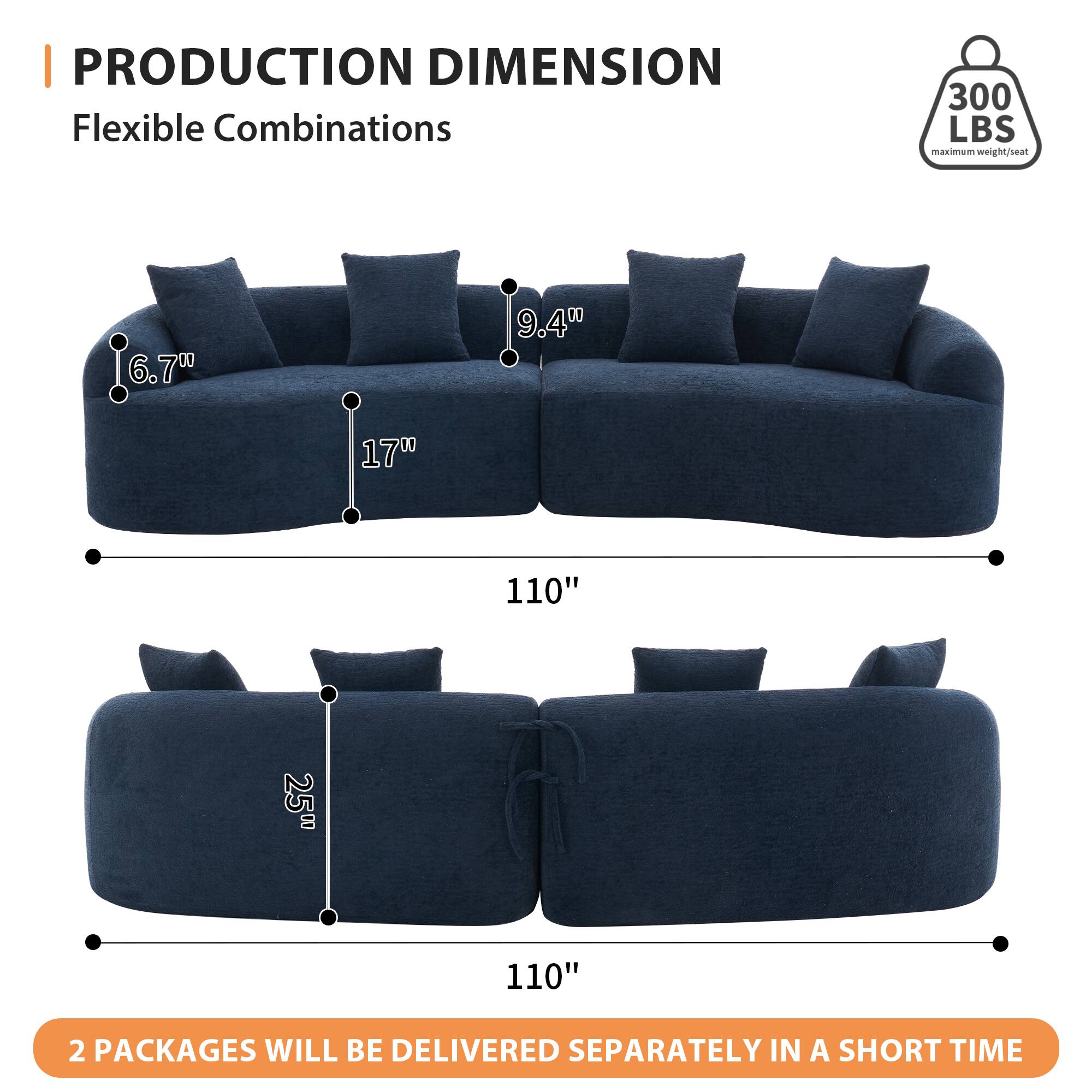 **PRODUCTION DIMENSION**

Flexible Combinations

- 300 LBS maximum weight/seat
- 6.7" height
- 9.4" depth
- 17" width
- 110" length
- 25" depth

2 PACKAGES WILL BE DELIVERED SEPARATELY IN A SHORT TIME