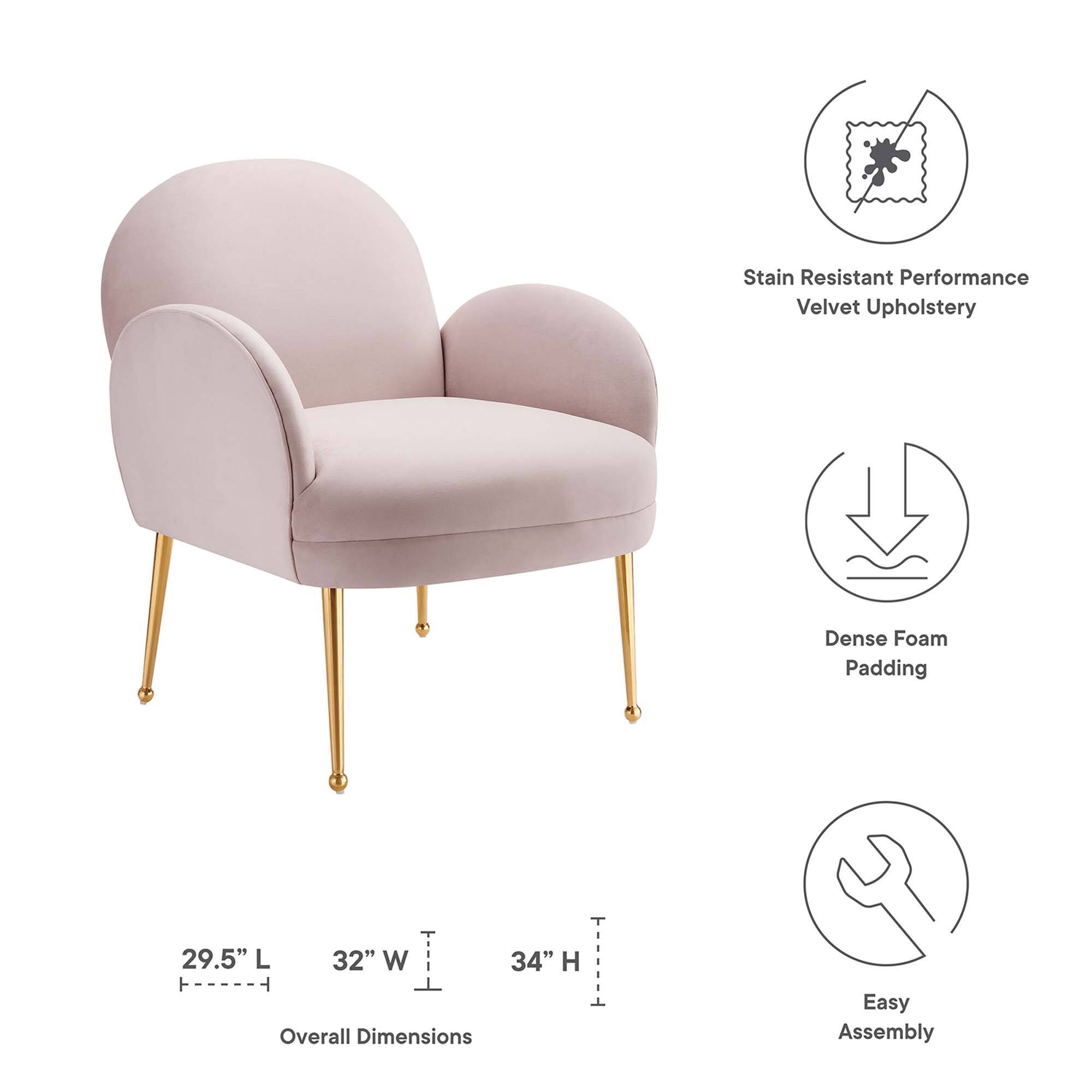 - Stain Resistant Performance Velvet Upholstery
- Dense Foam Padding
- Overall Dimensions: 29.5" L x 32" W x 34" H
- Easy Assembly