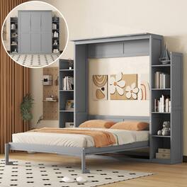 Tiramisubest - Queen Size Gray Murphy Wall Bed with Shelves, LED Lights, Solid Wood + MDF, Space-Saving - Gray