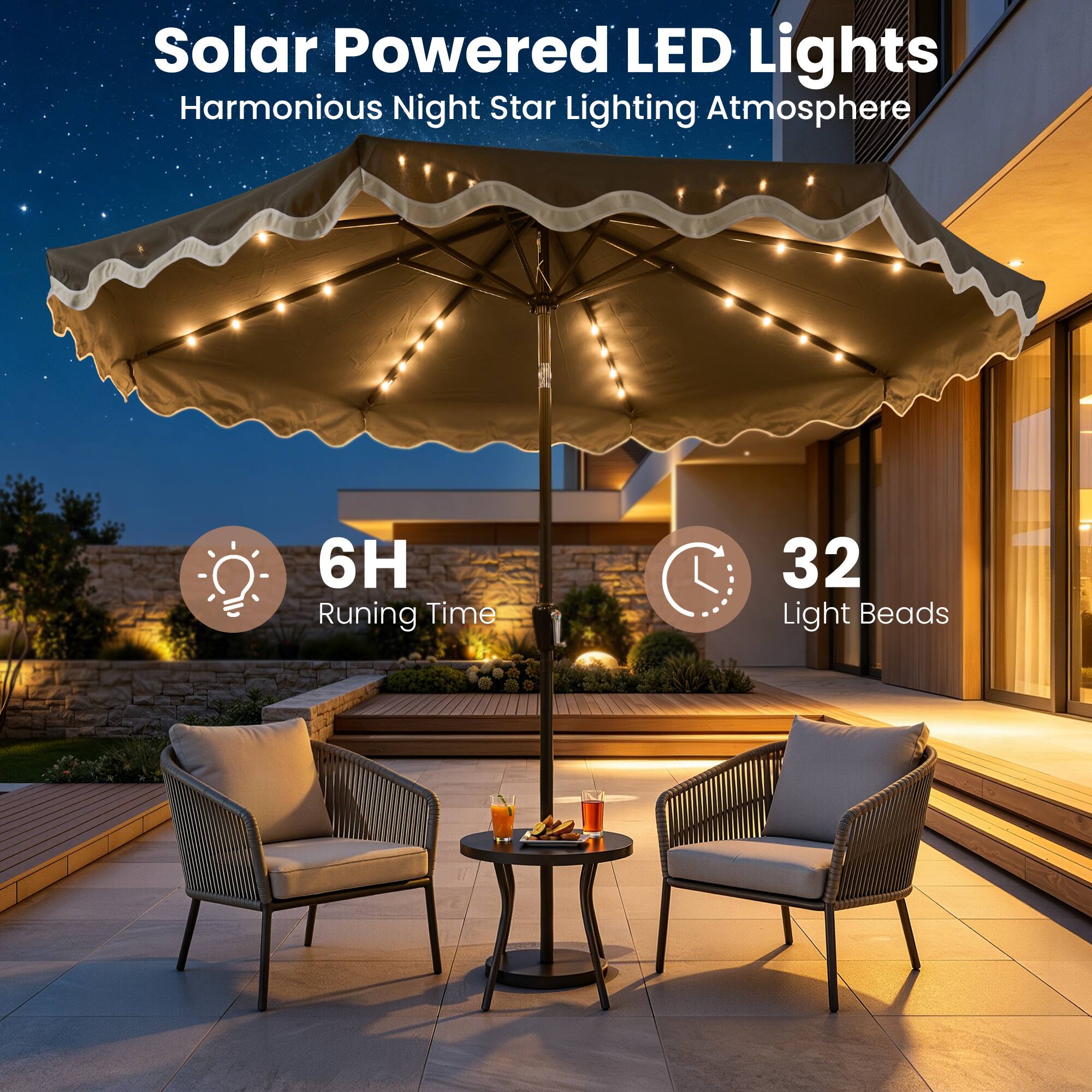 Solar Powered LED Lights  
Harmonious Night Star Lighting Atmosphere  

6H Running Time  
32 Light Beads
