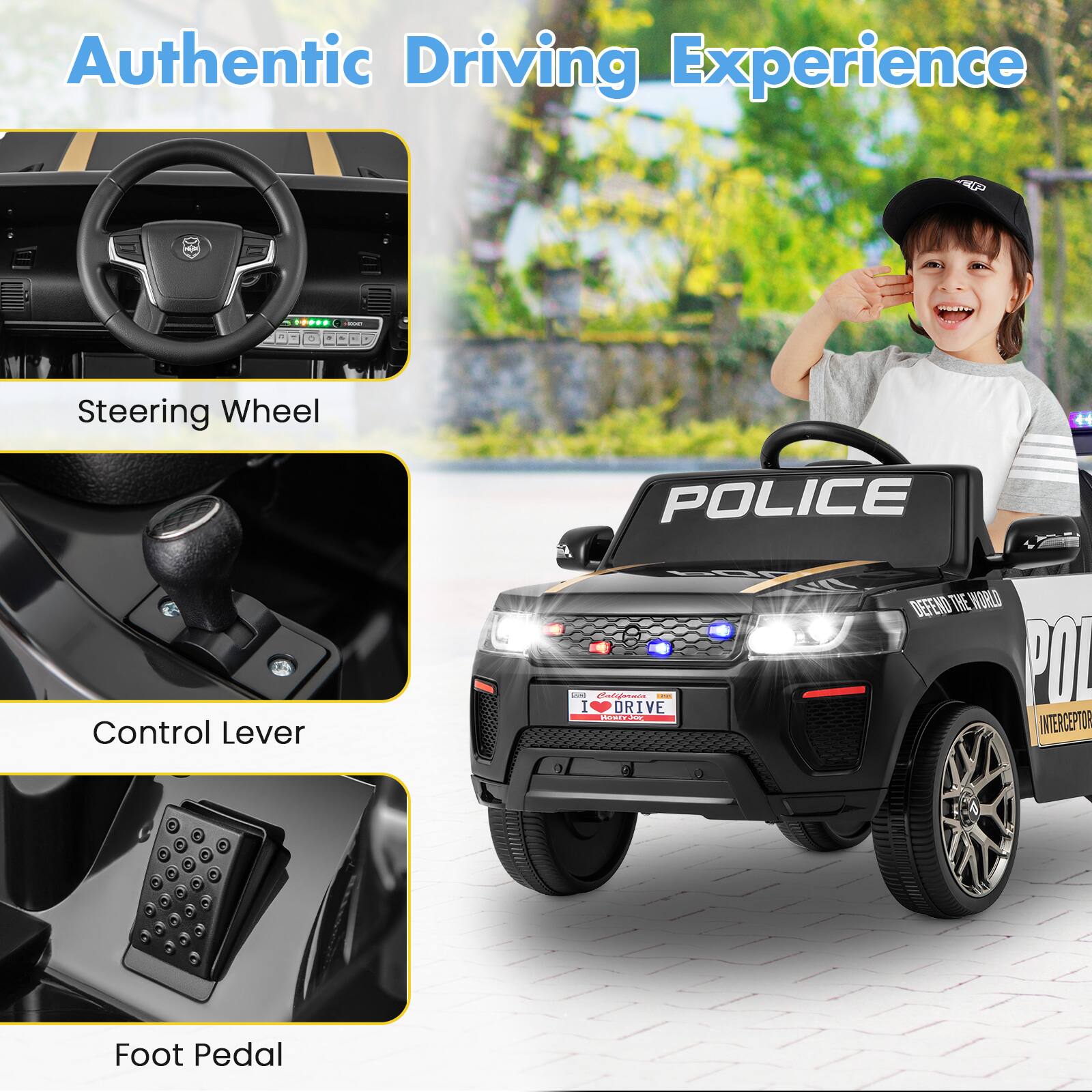 Authentic Driving Experience

- Steering Wheel
- Control Lever
- Foot Pedal

I DRIVE  
DEFEND THE WORLD  
POL INTERCEPTOR 7  
I 2 3 - 7  
I - 7 3 .