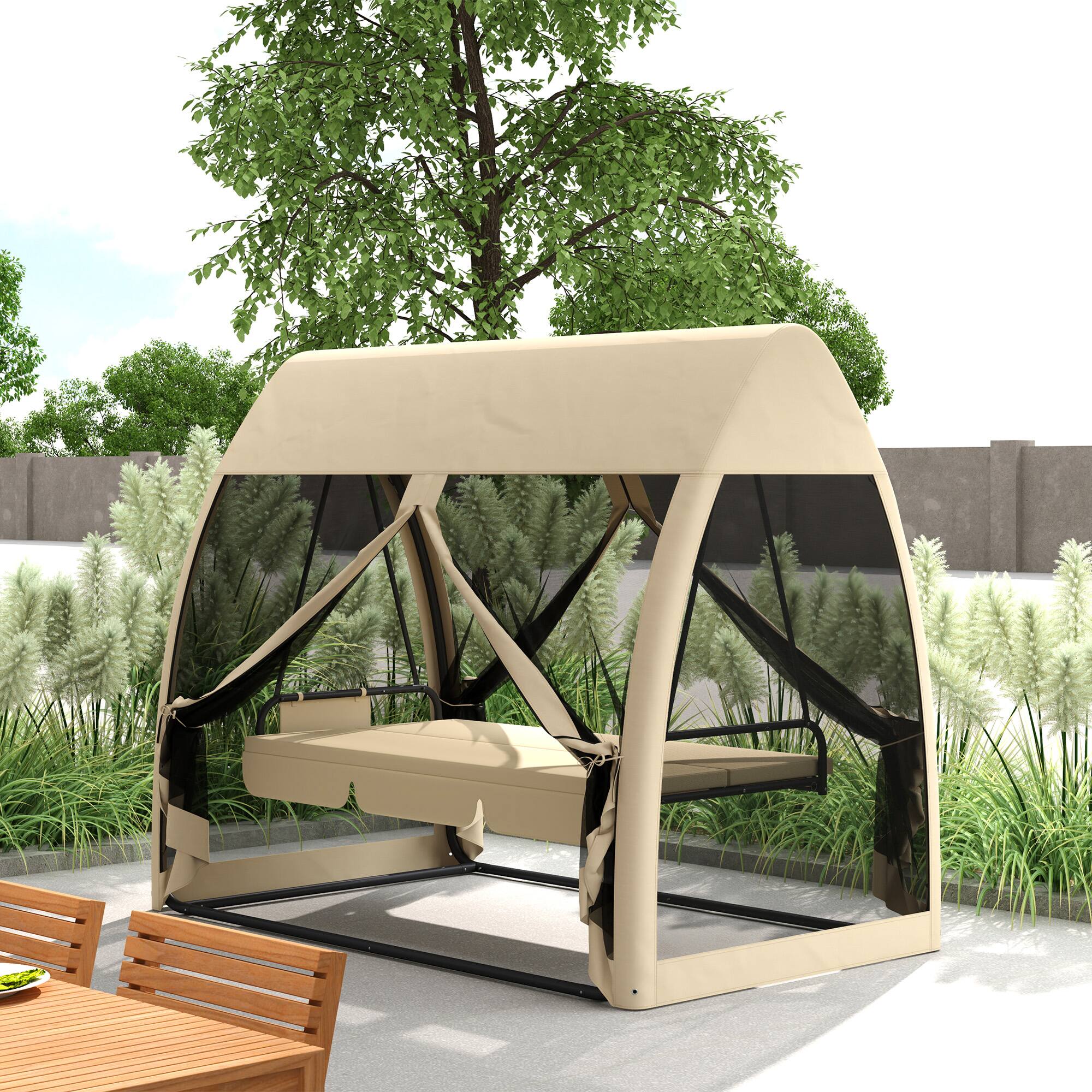 Alt View 1. Outsunny - Seat Outdoor Swing Chair Convertible Covered Day Bed with Canopy, Mesh Netting, Steel Stand for Garden - Coffee.