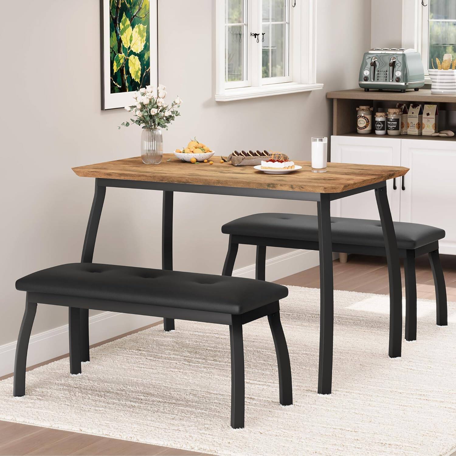 Back. Qeetex - 3-Piece Farmhouse Table Set with 2 Benches, Compact 4-Seater for Small Spaces - Brown.