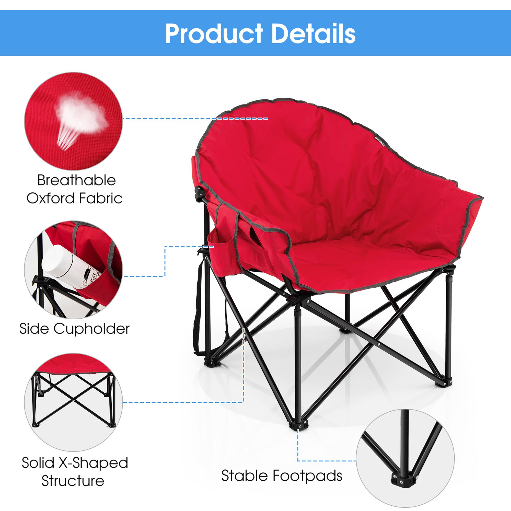 Product Details: Breathable Oxford Fabric, Side Cupholder, Solid X-Shaped Structure, Stable Footpads.