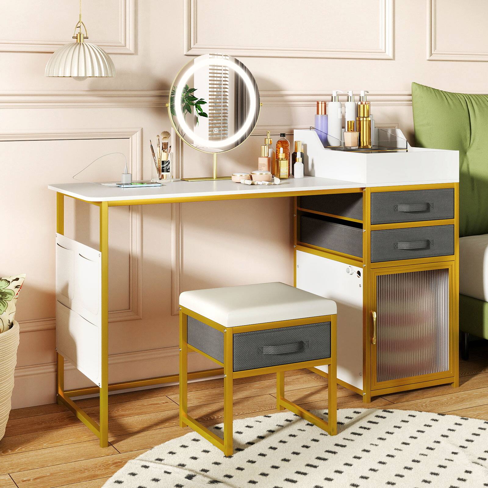 Alt View 1. Gymax - Gymax Vanity Desk w/ Rotatable Lighted Mirror 55'' Makeup Vanity Table w/ Organizer - White.