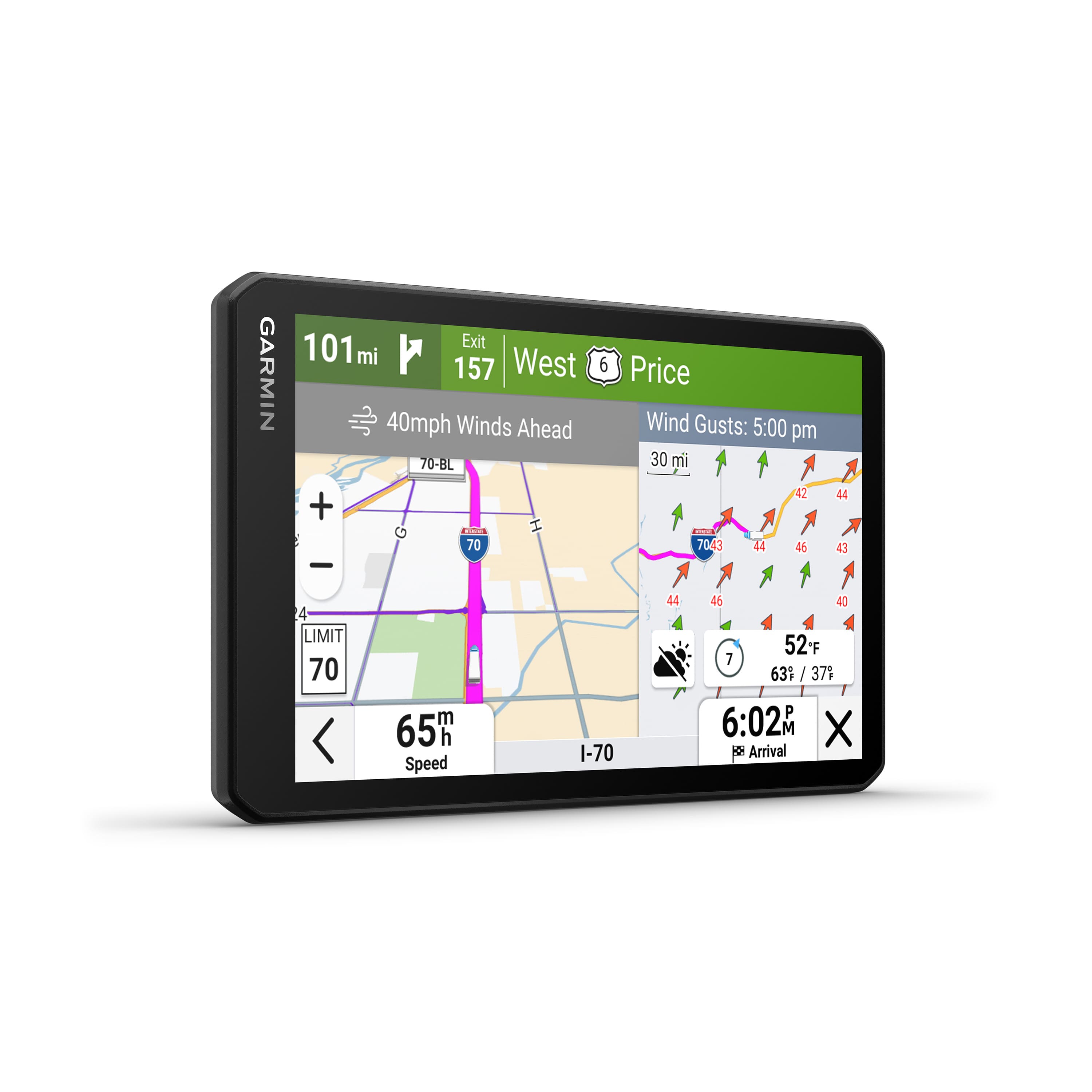 Garmin 101 Exit mi 157 West 6 Price 40mph Winds Ahead Wind Gusts: 5:00 pm 70-BL 30 mi 42 + I 70 7043 44 46 - 44 43 4 LIMIT 70 m 65 h Speed I-70 44 46 4 52F 7 63%/37% 63% I 37+ P 6:02M M X Arrival