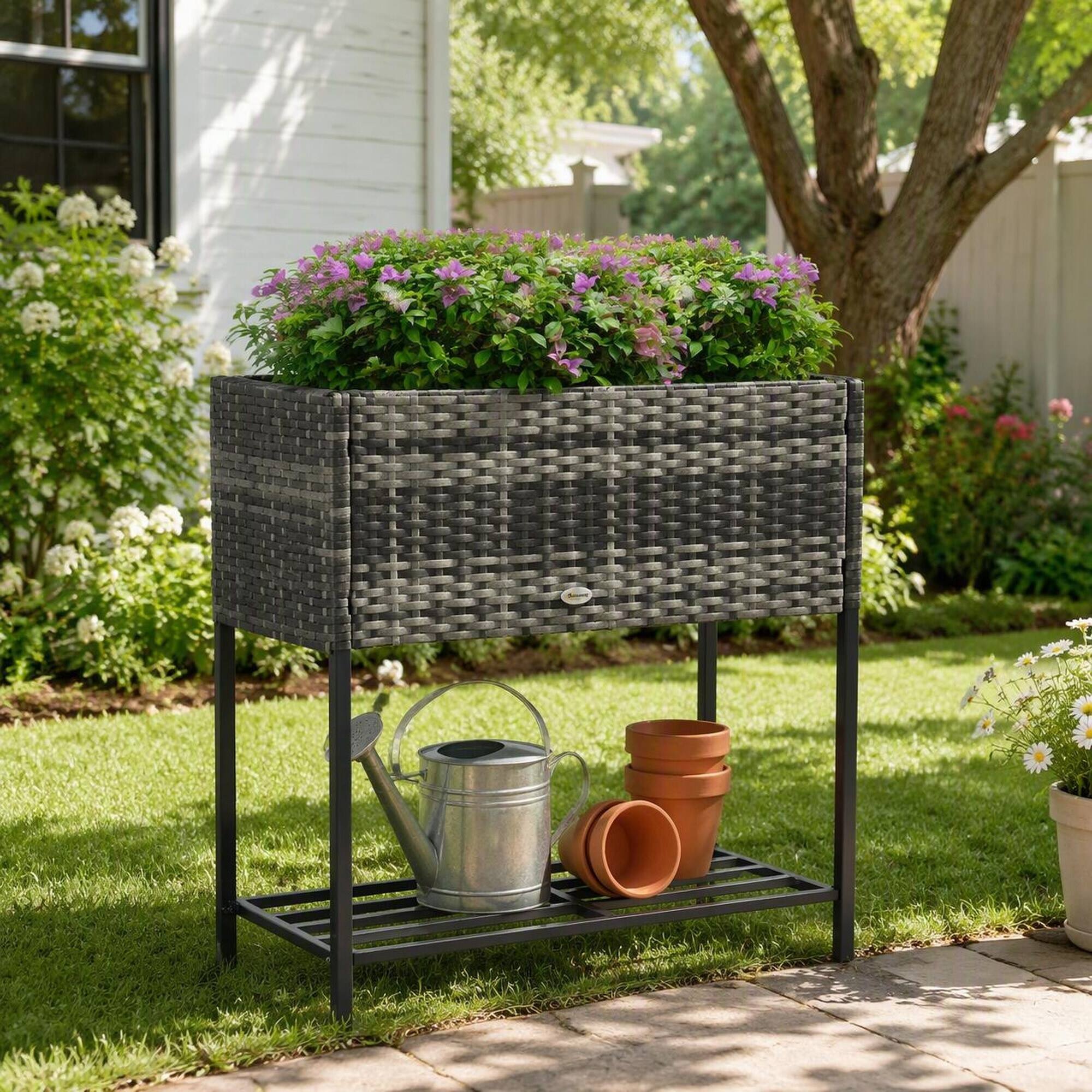 Alt View 2. RYHNUYNE - Outsunny Raised Garden Bed with Rattan Look, 27.5" Elevated Planter Box with Tool Shelf, Gray - Grey.