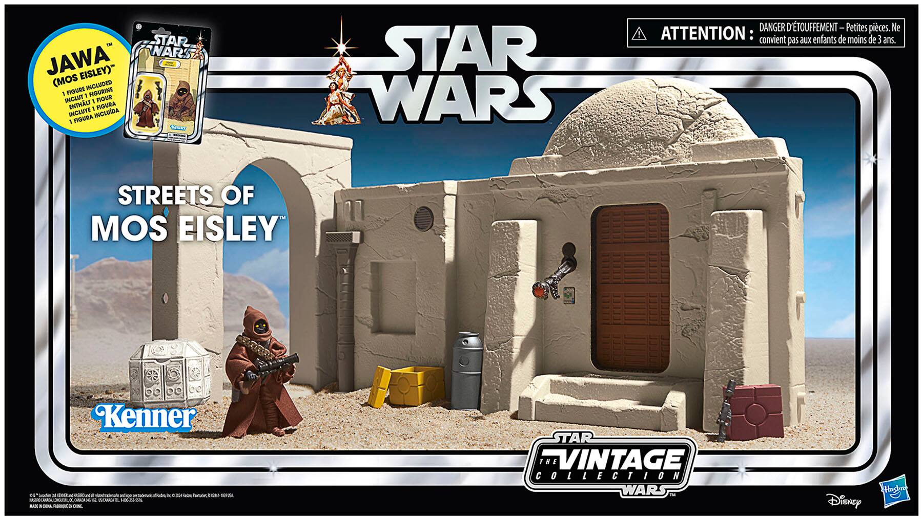 The text on the image is in French, so I cannot group and correct it. However, I can provide a brief summary of the text:

The image features a Star Wars toy set, which includes a Jawa figure and a Mos Eisley street scene. The toy set is designed for children and is suitable for ages 3 and up. The packaging also includes a warning to keep the toy away from children under the age of 3. The toy set is part of the Vintage Collection, and it is made by Kenner.